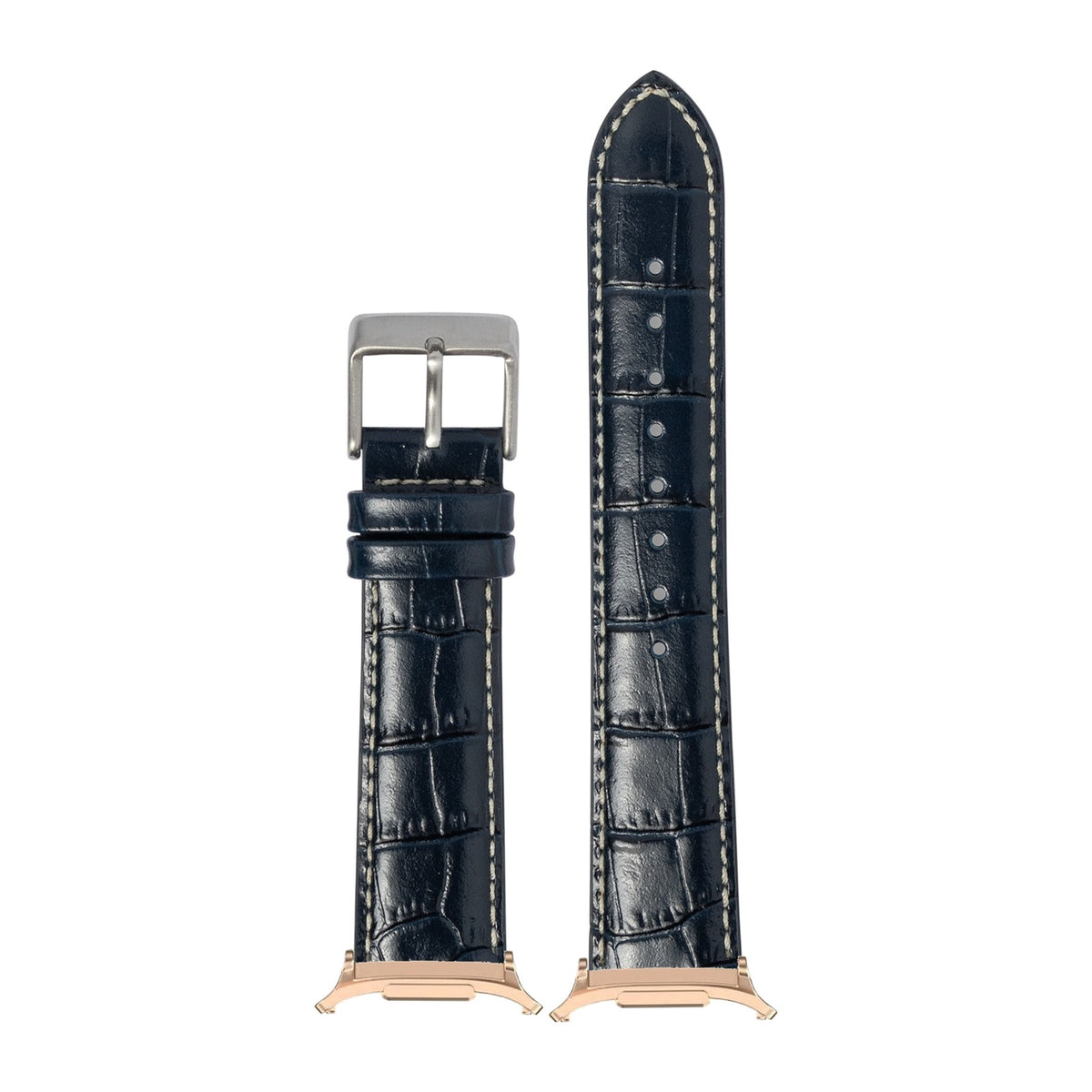 Alligator Leather - Navy Blue | White Stitching for the Galaxy Watch 8, 9 and Ultra with Rose Gold adapter fitted