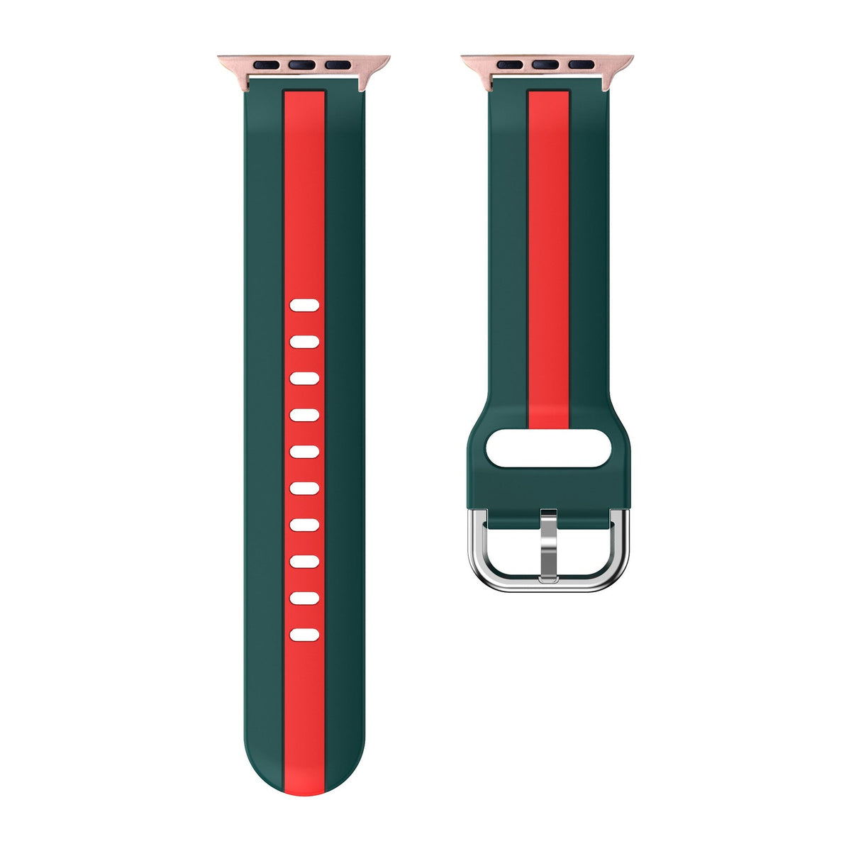 Striped Silicone Green / Red Rose Gold with Connecters - Spring Bar Type for Apple Watch