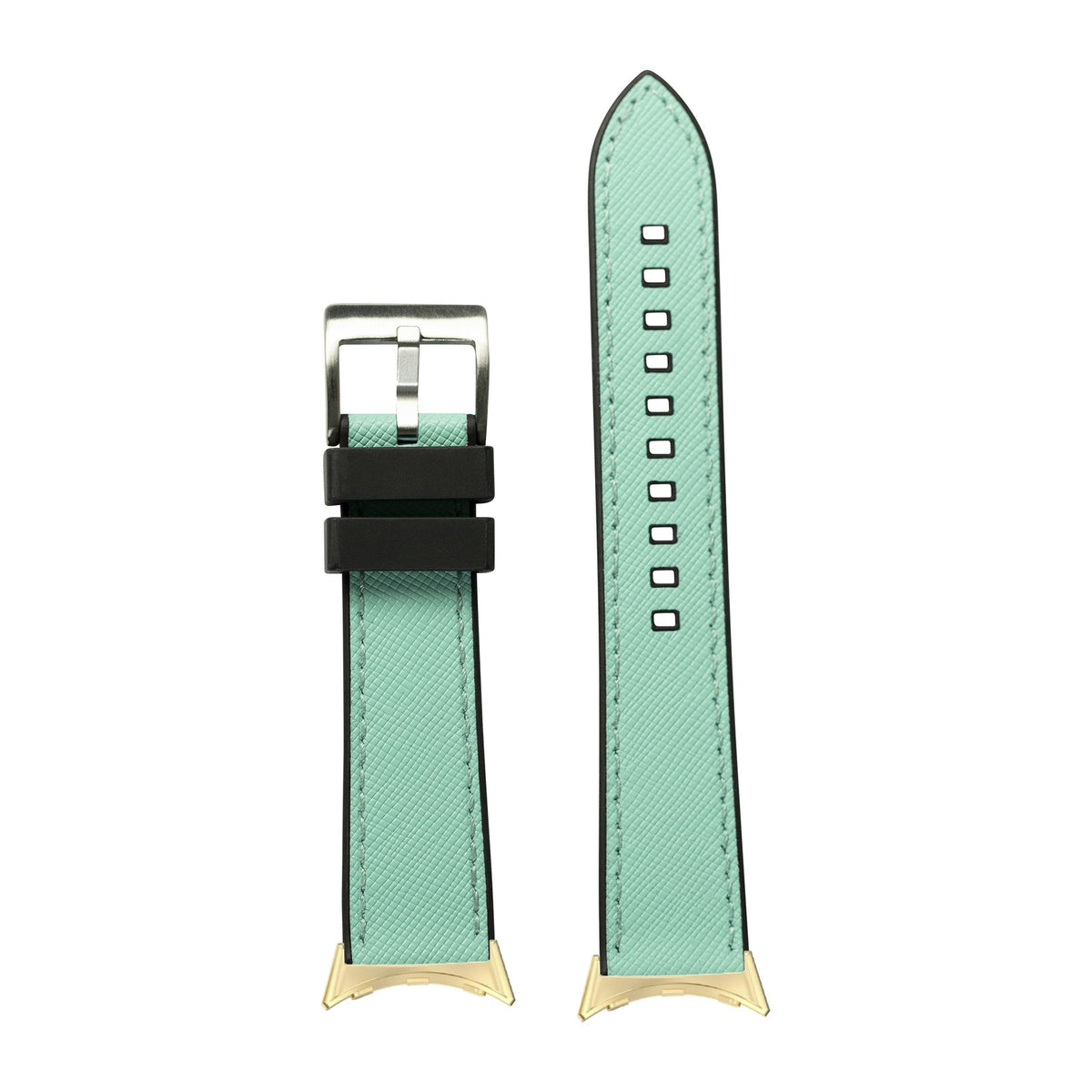 Saffiano Leather & FKM Rubber Hybrid Tiffany Blue Gold with Google Pixel Spring Bar Adapters - Wear Any 20mm Strap! for Pixel Watch 1-5 41mm