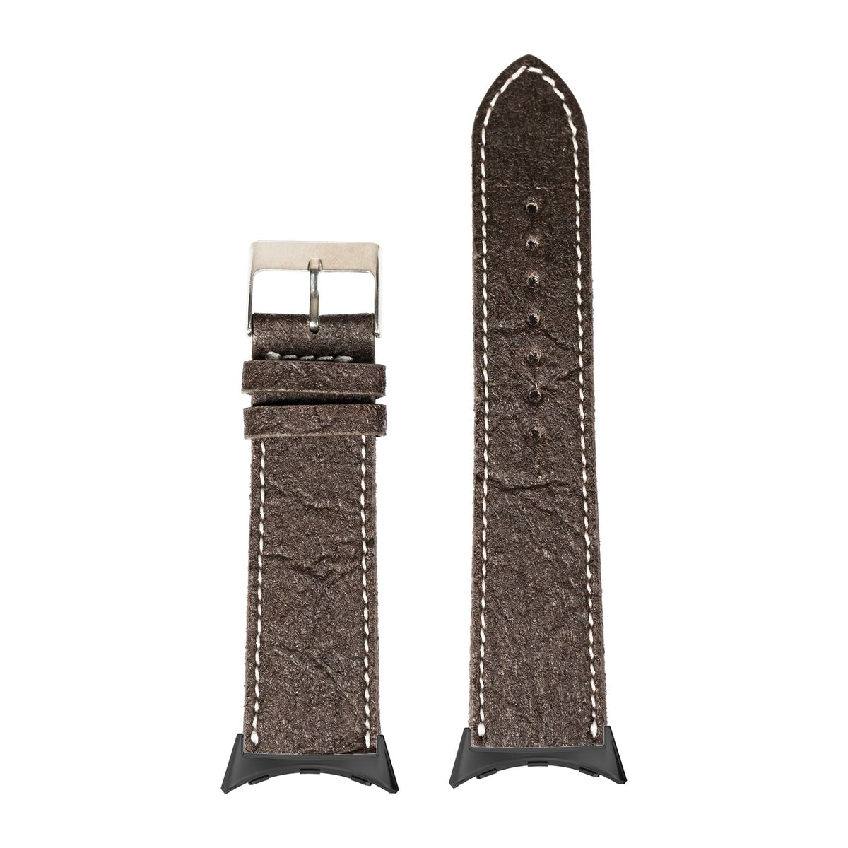 Pineapple Vegan Leather - Dark Brown | White Stitching Black with Google Pixel Spring Bar Adapters - Wear Any 20mm Strap! for Pixel Watch 3-5 45mm
