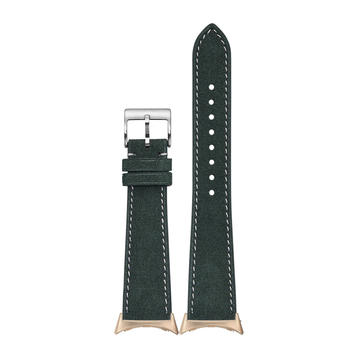 Alcantara Leather - Green | White Stitching Rose Gold with Google Pixel Spring Bar Adapters - Wear Any 20mm Strap! for Pixel Watch 1-5 41mm