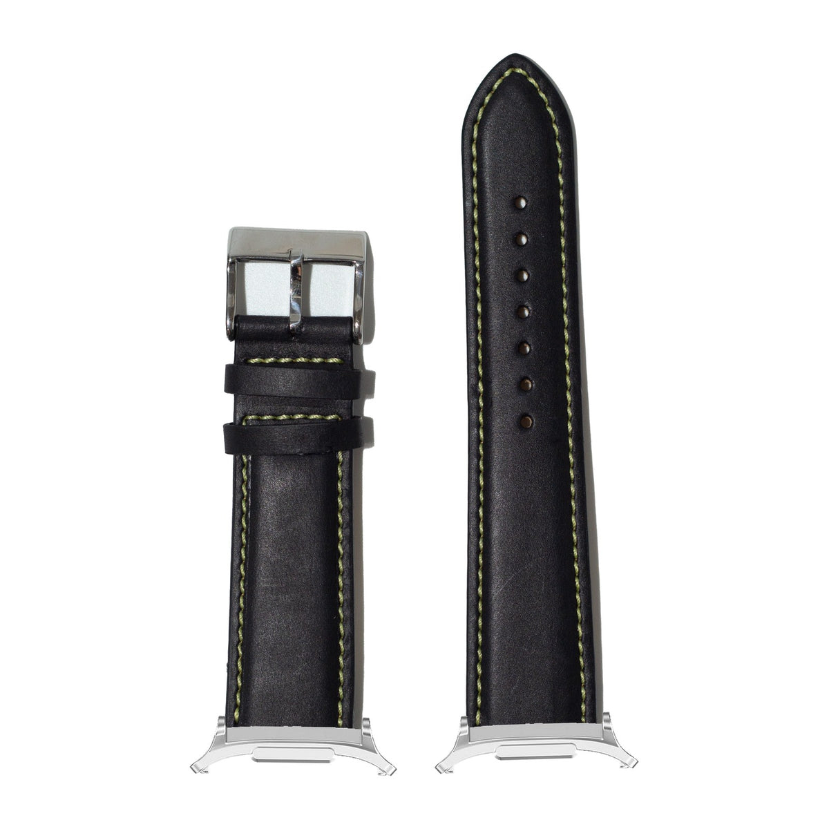 Padded Leather - Black | Yellow Stitching Silver with Strap Adapter for Galaxy Watch 8-9/Ultra