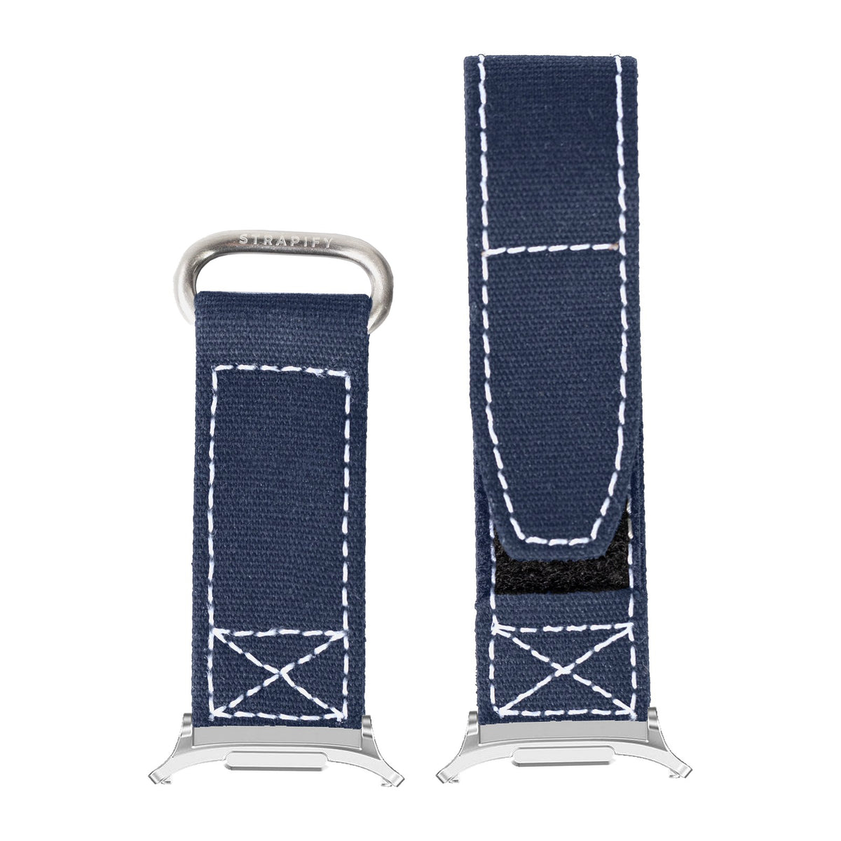 Military Velcro - Navy Blue | White Stitching Silver with Strap Adapter for Galaxy Watch 8-9/Ultra