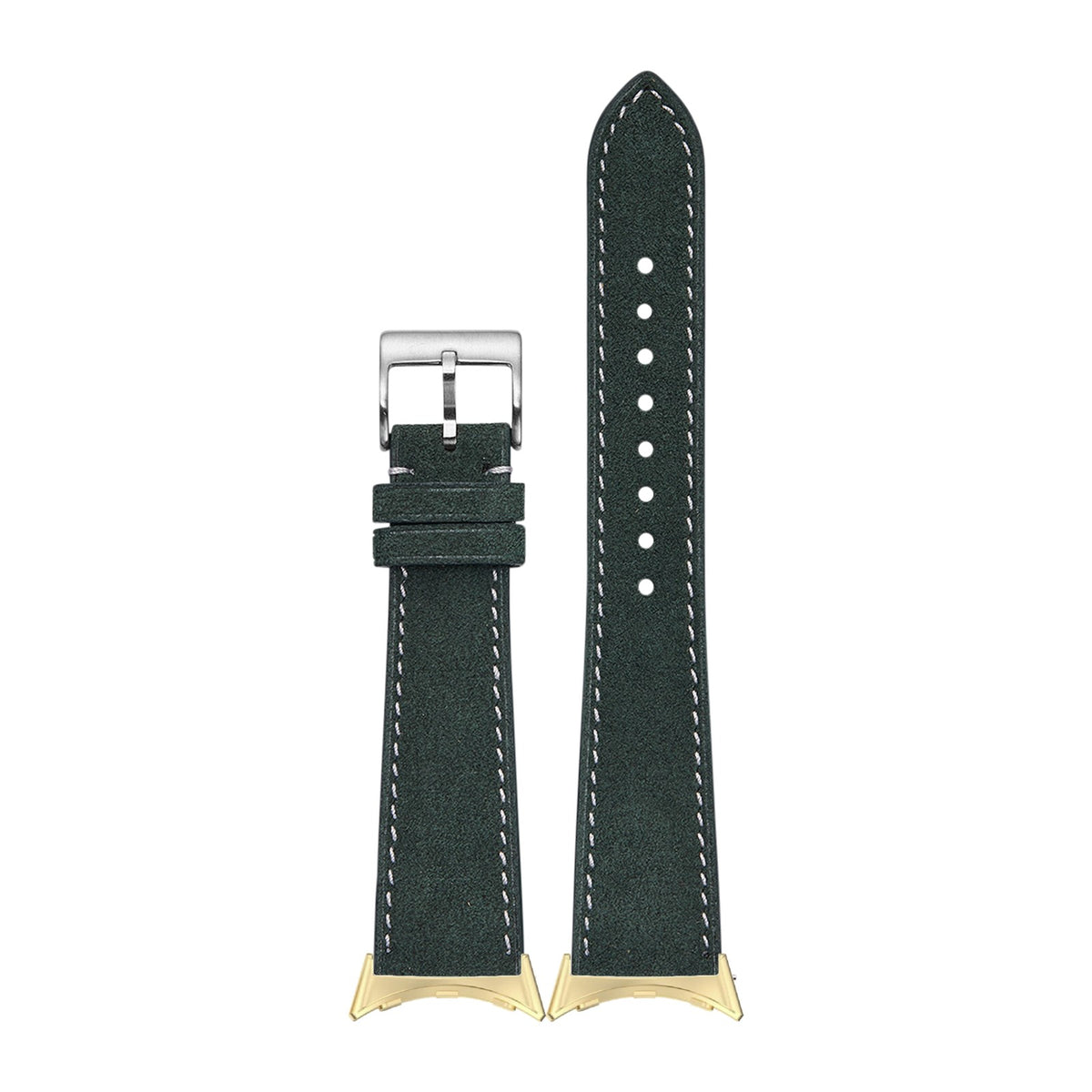 Alcantara Leather - Green | White Stitching Gold with Google Pixel Spring Bar Adapters - Wear Any 20mm Strap! for Pixel Watch 3-5 45mm