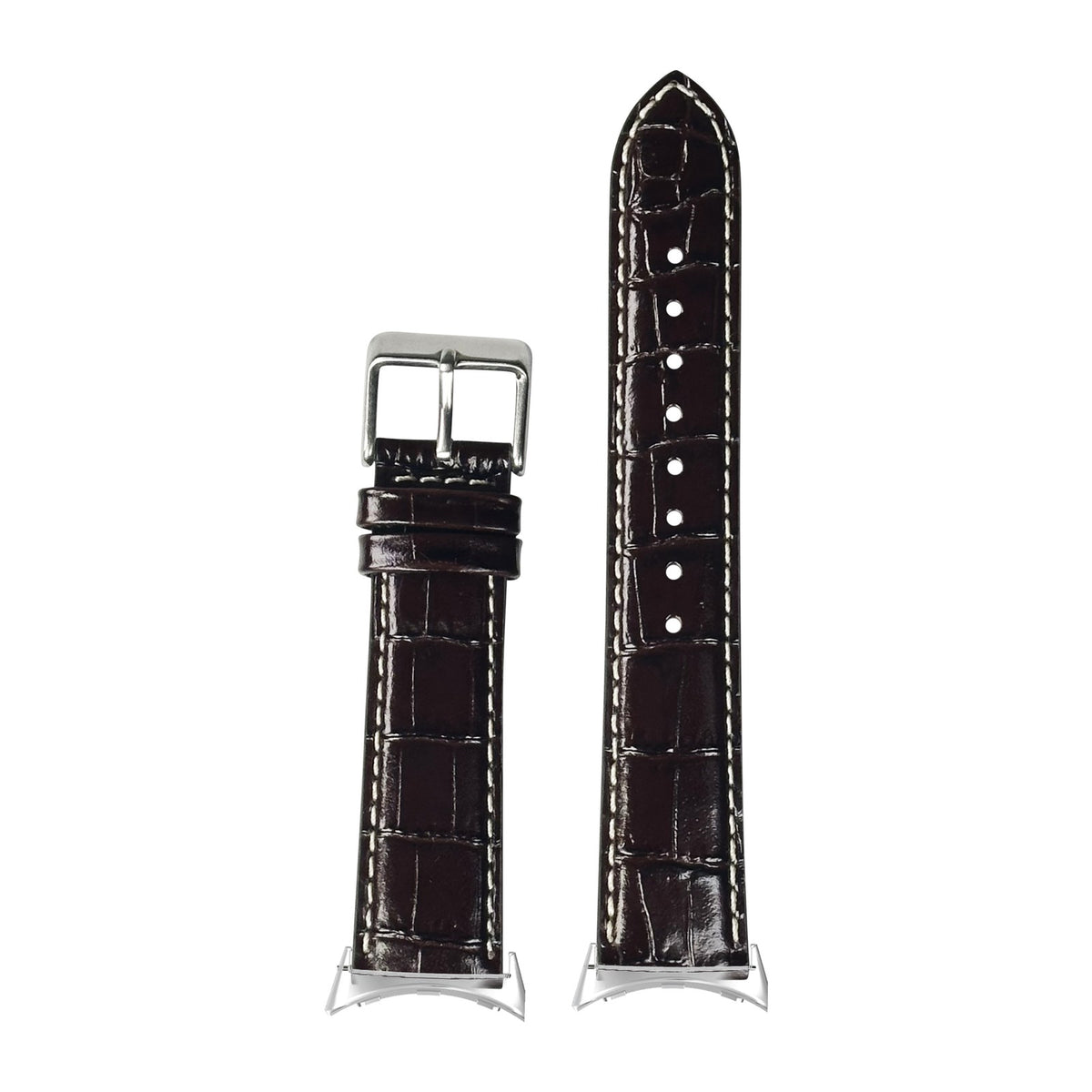 Alligator Leather - Dark Brown | Contrast Stitching Silver with Google Pixel Spring Bar Adapters - Wear Any 20mm Strap! for Pixel Watch 3-5 45mm