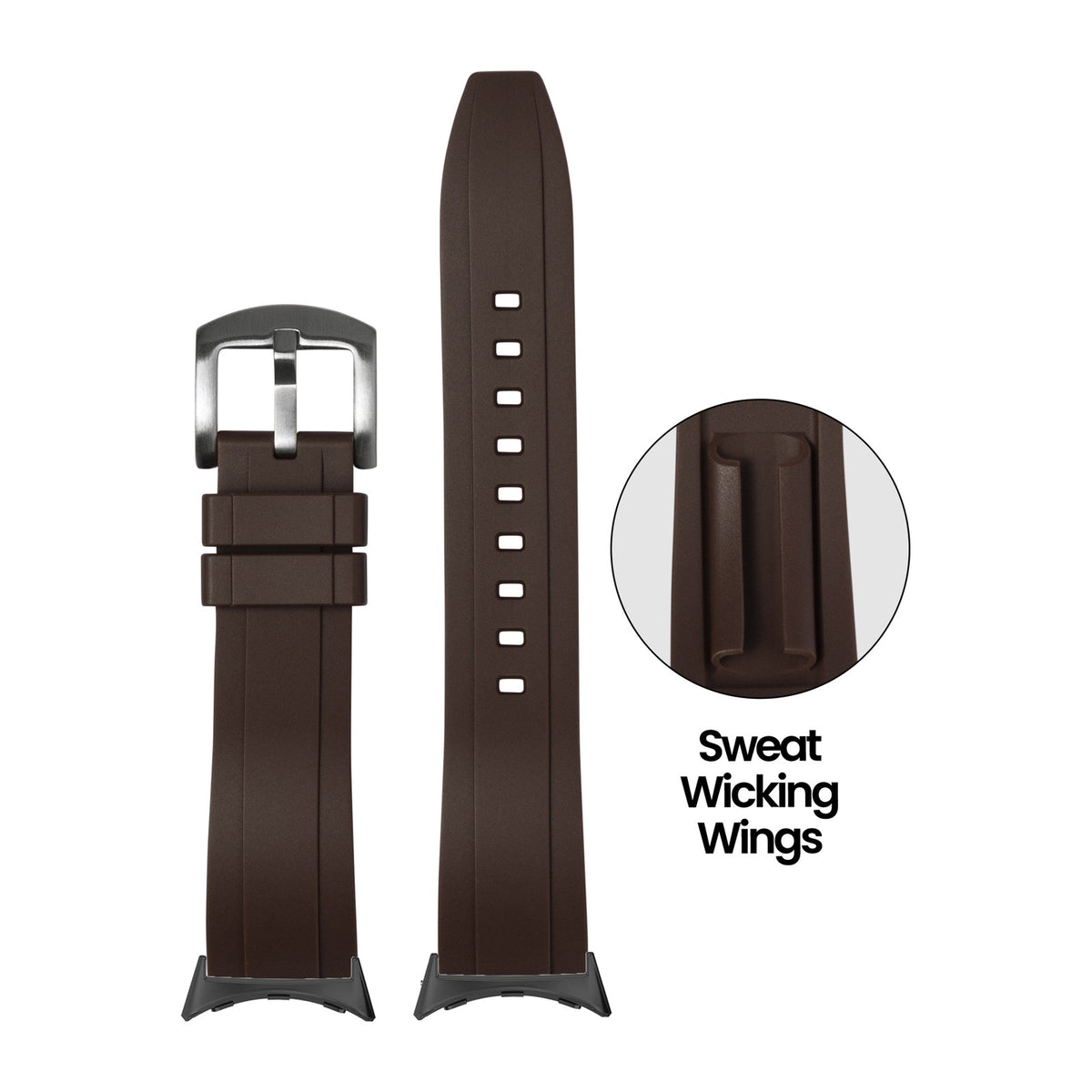 Kingston FKM Rubber - Brown Black with Google Pixel Spring Bar Adapters - Wear Any 20mm Strap! for Pixel Watch 3-5 45mm