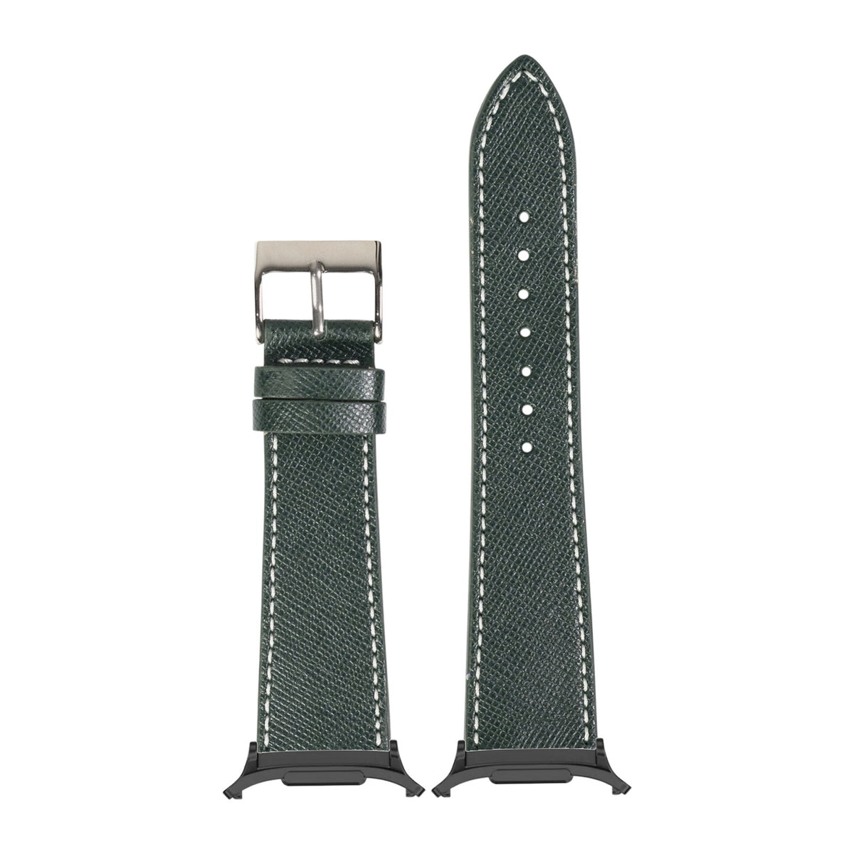 Saffiano Leather - Forest Green Black with White Stitching with Strap Adapter for Galaxy Watch 8-9/Ultra