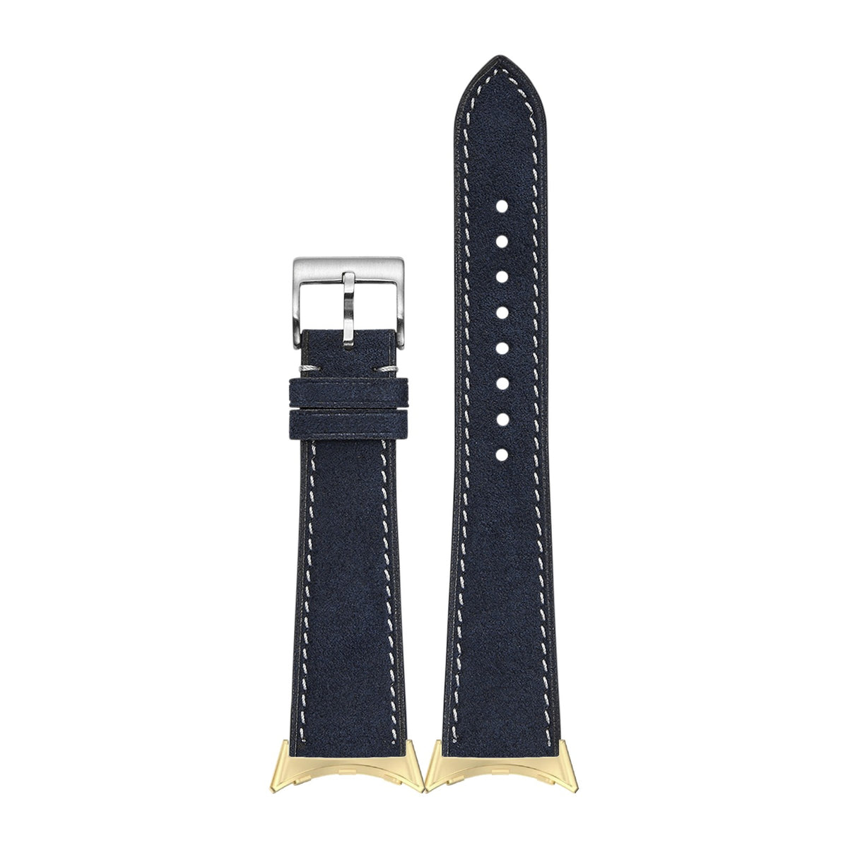 Alcantara Leather - Navy Blue Gold with White Stitching with Google Pixel Spring Bar Adapters - Wear Any 20mm Strap! for Pixel Watch 3-5 45mm