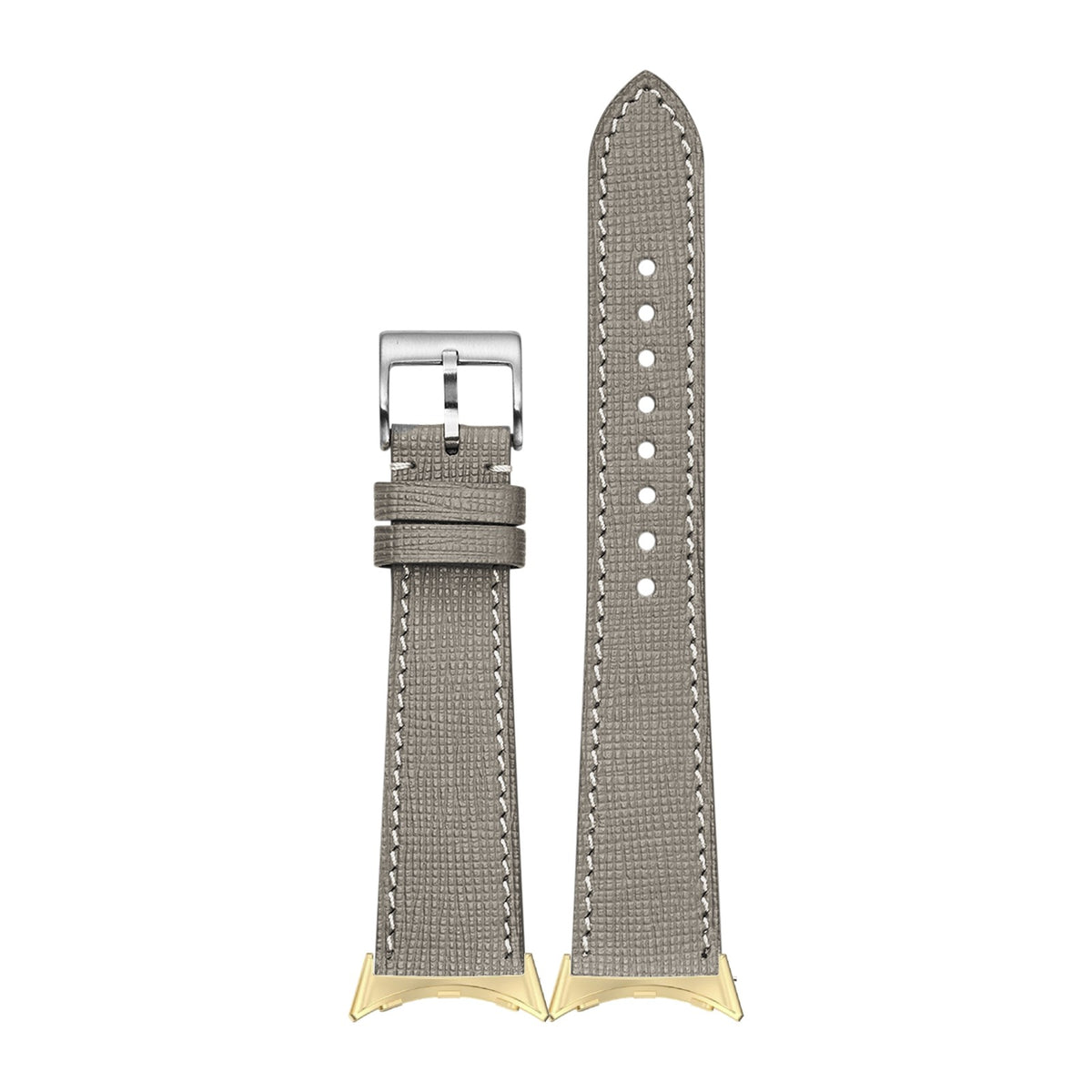 Chevre Saffiano Leather - Taupe Grey Gold with White Stitching with Google Pixel Spring Bar Adapters - Wear Any 20mm Strap! for Pixel Watch 3-5 45mm