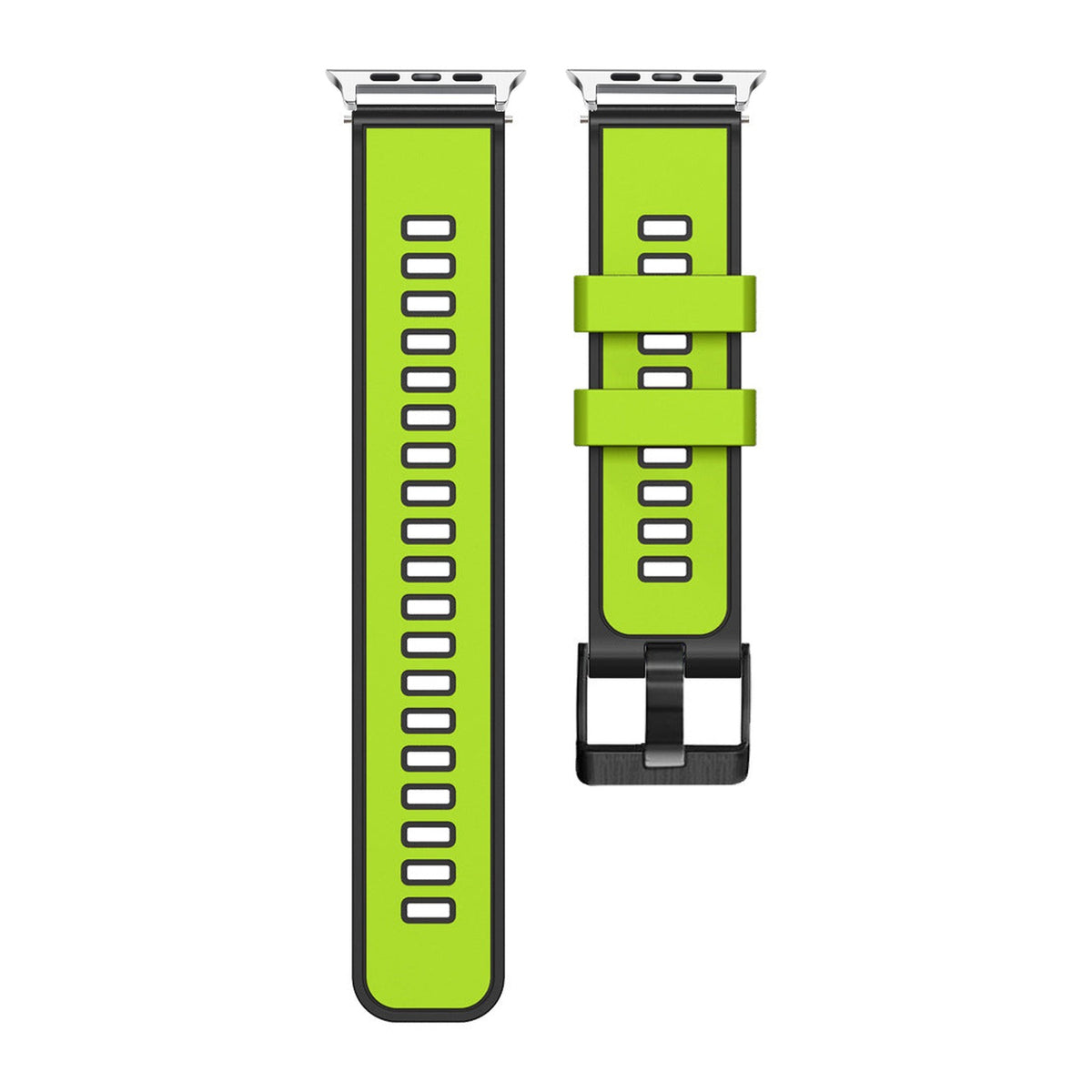 Two Tone Silicone Lime Green / Black Silver with Black Hardware with Connecters - Spring Bar Type for Apple Watch