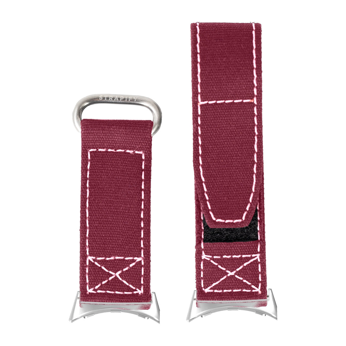 Military Velcro - Wine Red | White Stitching Silver with Google Pixel Spring Bar Adapters - Wear Any 20mm Strap! for Pixel Watch 3-5 45mm