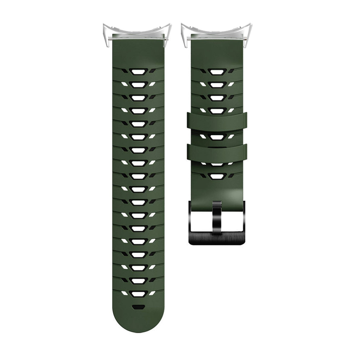Flexi Silicone - Armour Army Green Silver with Google Pixel Spring Bar Adapters - Wear Any 20mm Strap! for Pixel Watch 3-5 45mm