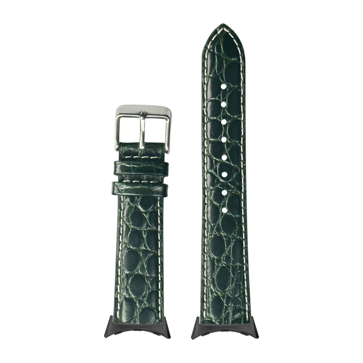 Alligator Leather - Dark Green | White Stitching Black with Google Pixel Spring Bar Adapters - Wear Any 20mm Strap! for Pixel Watch 3-5 45mm