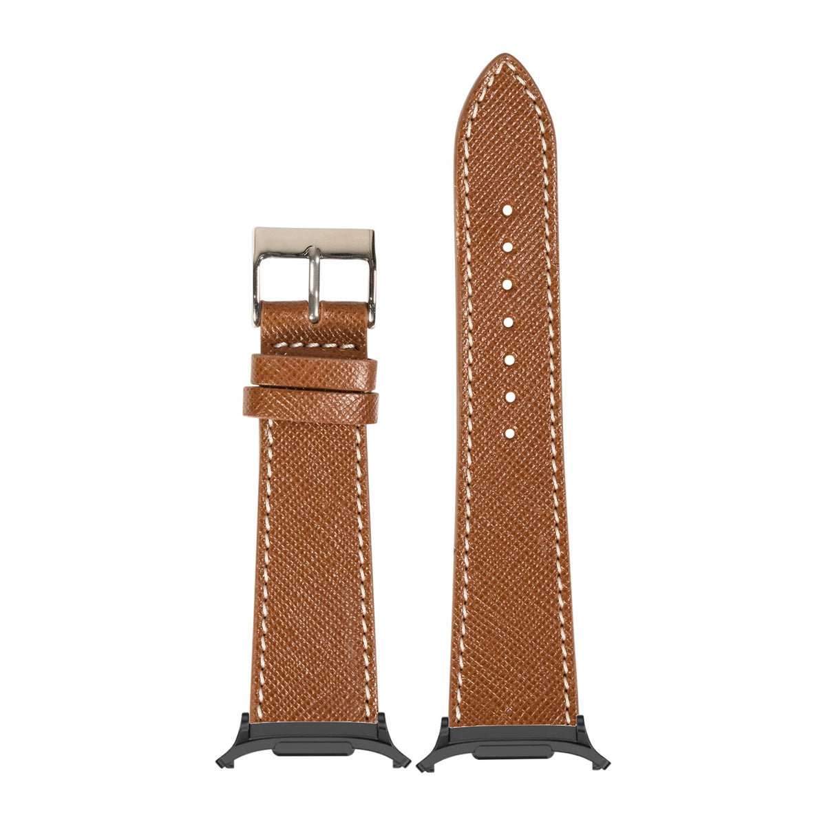 Saffiano Leather - Brown with White Stitching for the Galaxy Watch 8, 9 and Ultra with adapter fitted