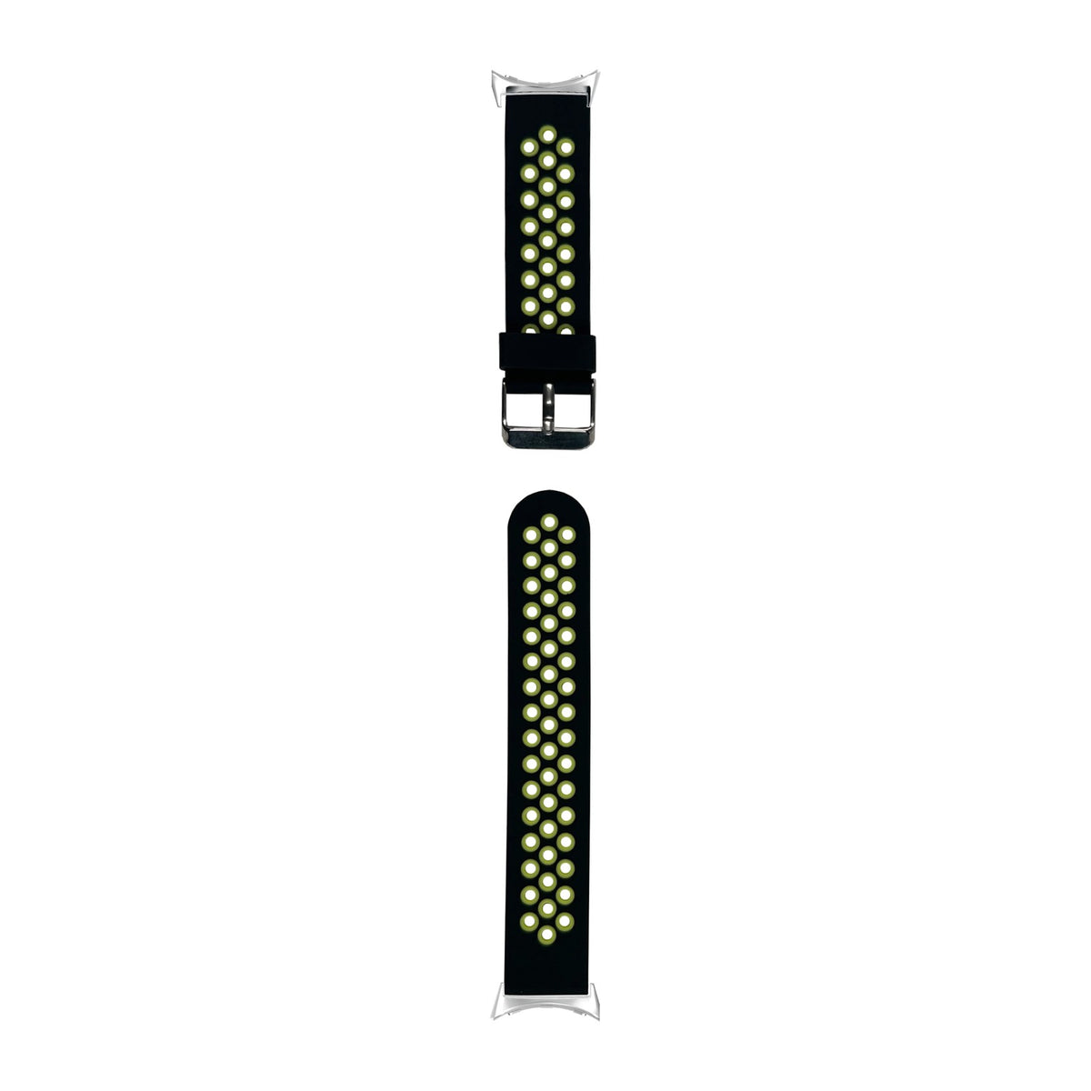Flexi Sports Silicone Black/Highlighter Green Silver with Google Pixel Spring Bar Adapters - Wear Any 20mm Strap! for Pixel Watch 3-5 45mm