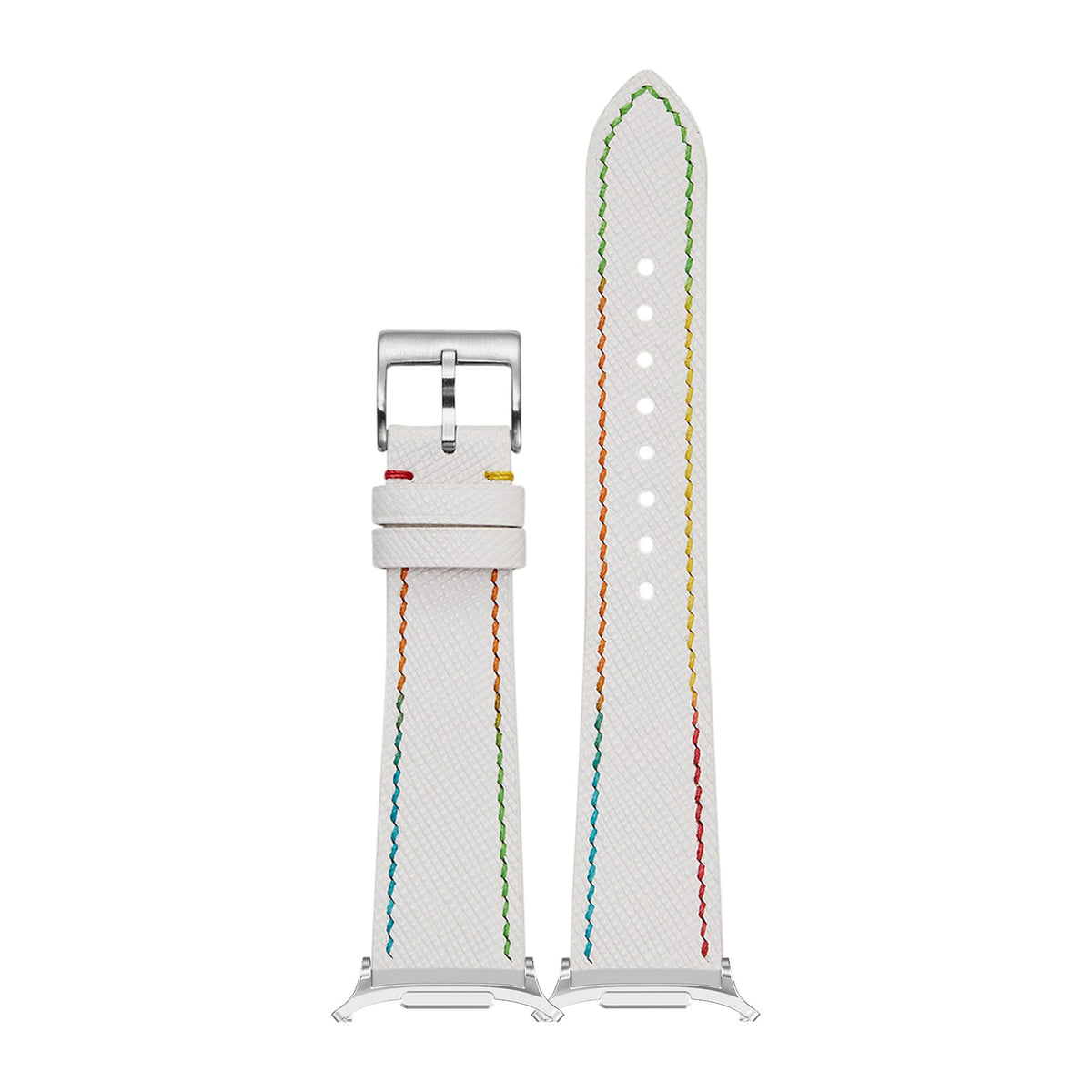 Chevre Saffiano - White | Rainbow Stitching Silver with Strap Adapter for Galaxy Watch 8-9/Ultra