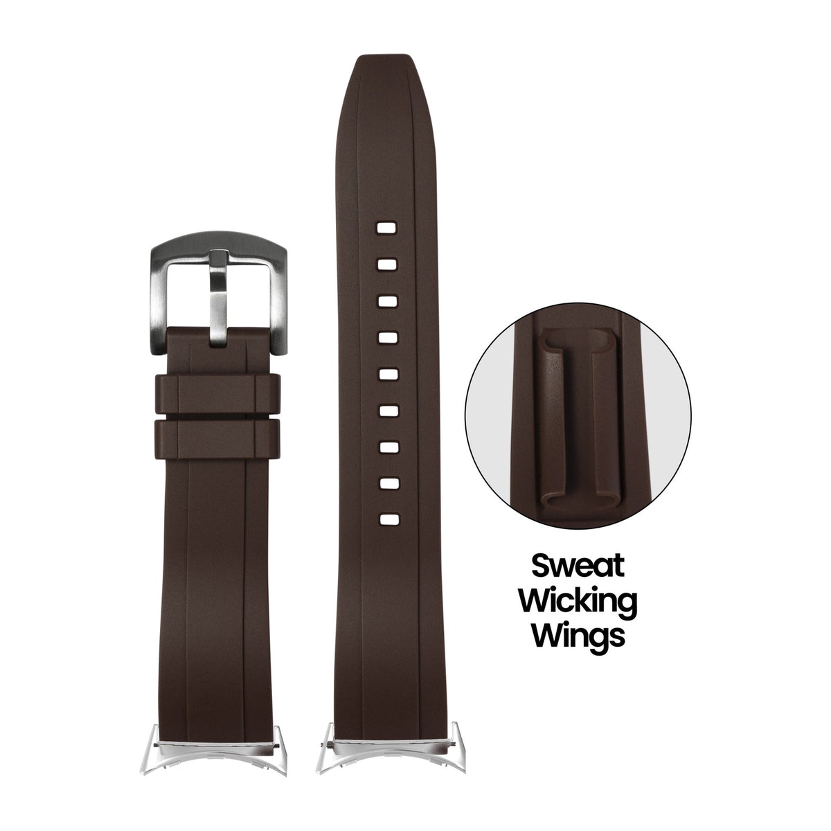 Kingston FKM Rubber - Brown Silver with Google Pixel Spring Bar Adapters - Wear Any 20mm Strap! for Pixel Watch 1-5 41mm