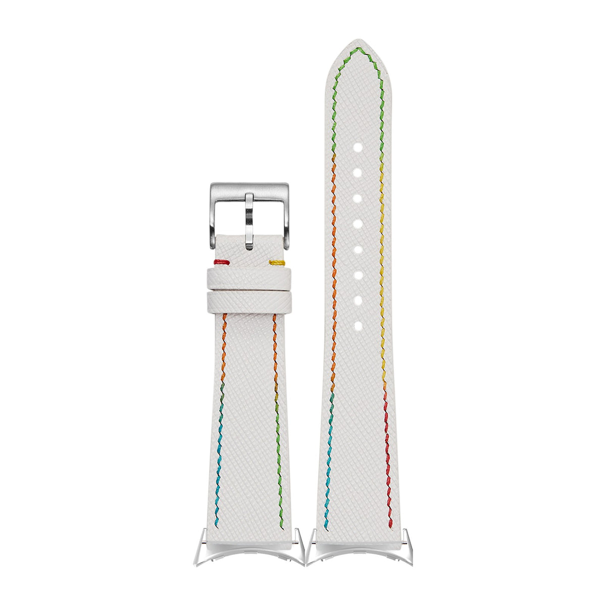 Chevre Saffiano - White | Rainbow Stitching Silver with Google Pixel Spring Bar Adapters - Wear Any 20mm Strap! for Pixel Watch 3-5 45mm