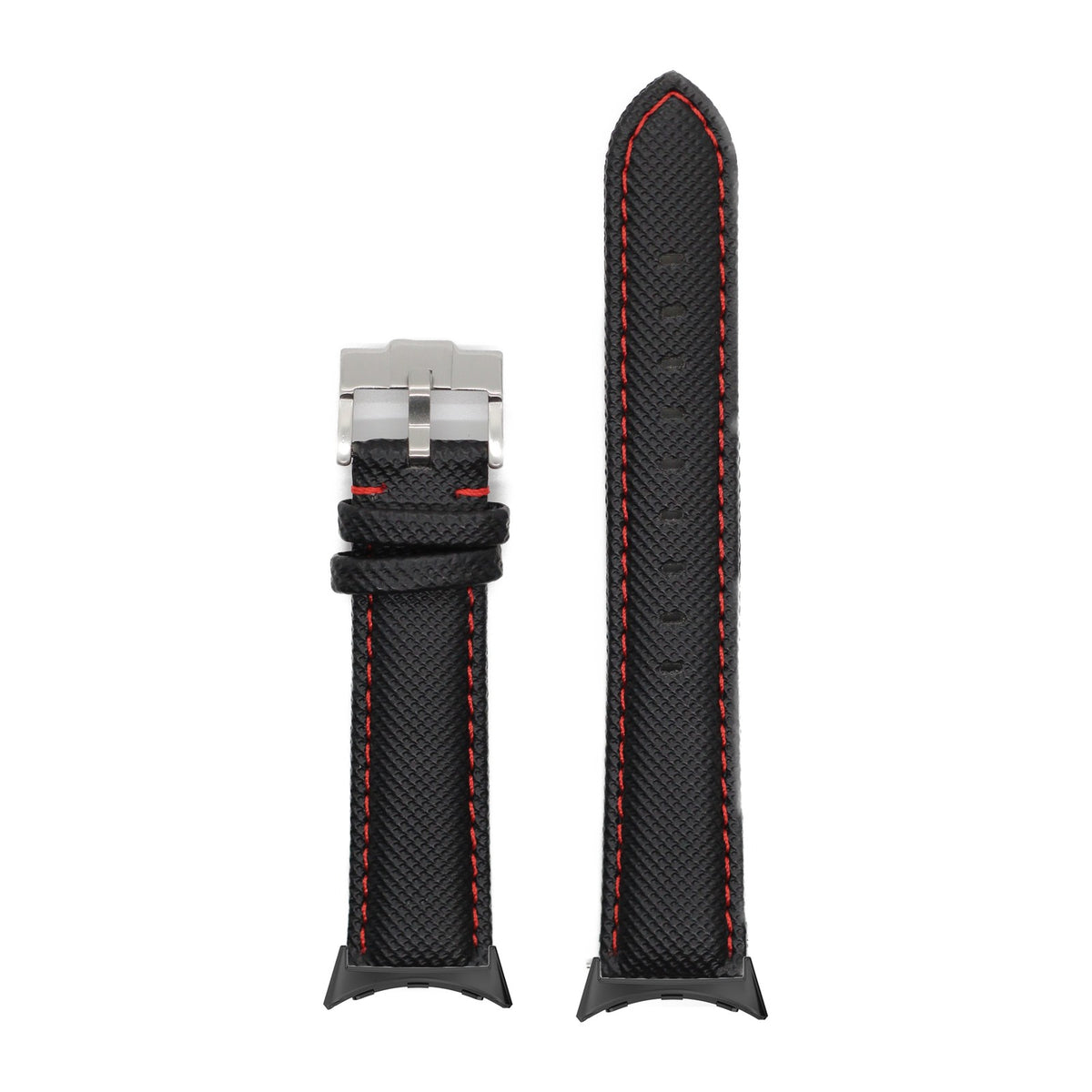 Sailcloth - Black | Red Stitching with Google Pixel Spring Bar Adapters - Wear Any 20mm Strap! for Pixel Watch 1-5 41mm