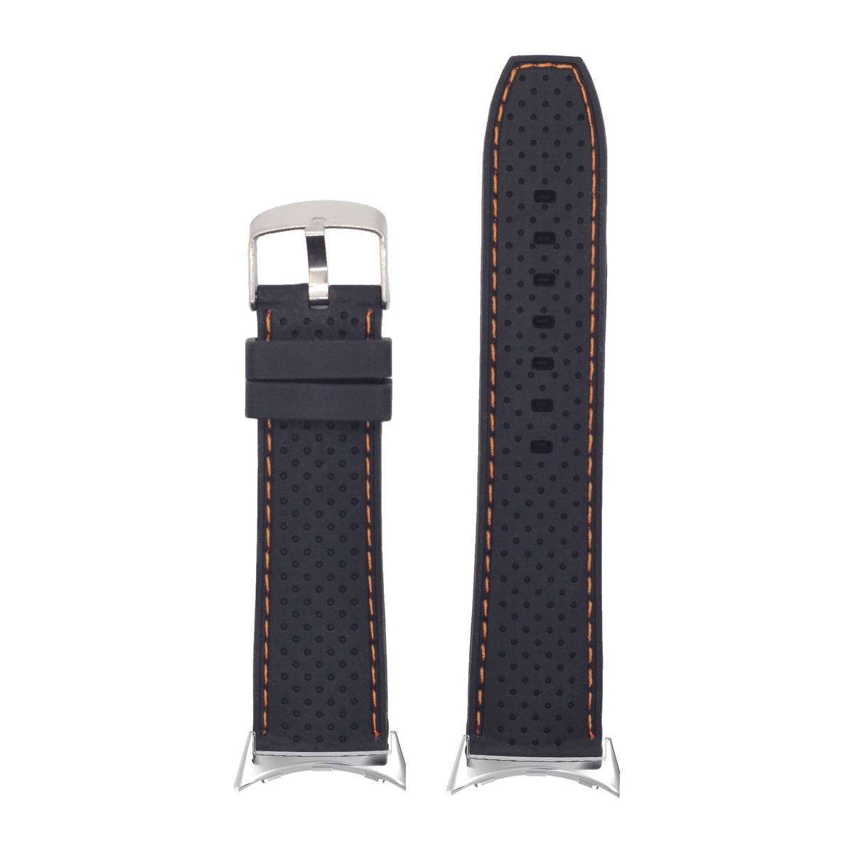 Perforated Flexi Silicone Black | Orange Stitching Silver with Google Pixel Spring Bar Adapters - Wear Any 20mm Strap! for Pixel Watch 1-5 41mm