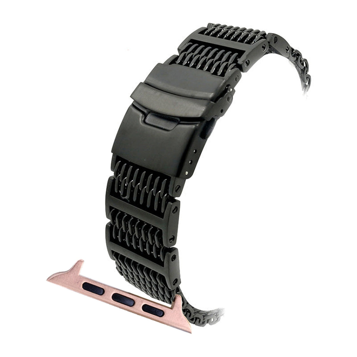 Shark Mesh Bracelet - Folding Deployant Clasp - Black Rose Gold with Connecters - Spring Bar Type for Apple Watch