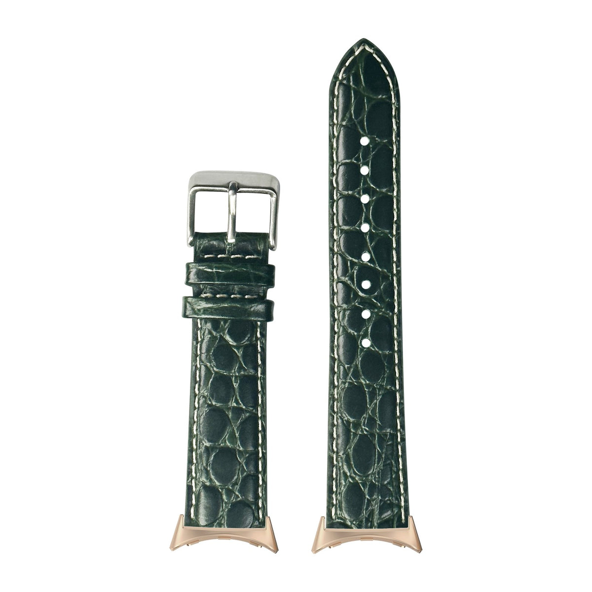 Alligator Leather - Dark Green | White Stitching Rose Gold with Google Pixel Spring Bar Adapters - Wear Any 20mm Strap! for Pixel Watch 3-5 45mm