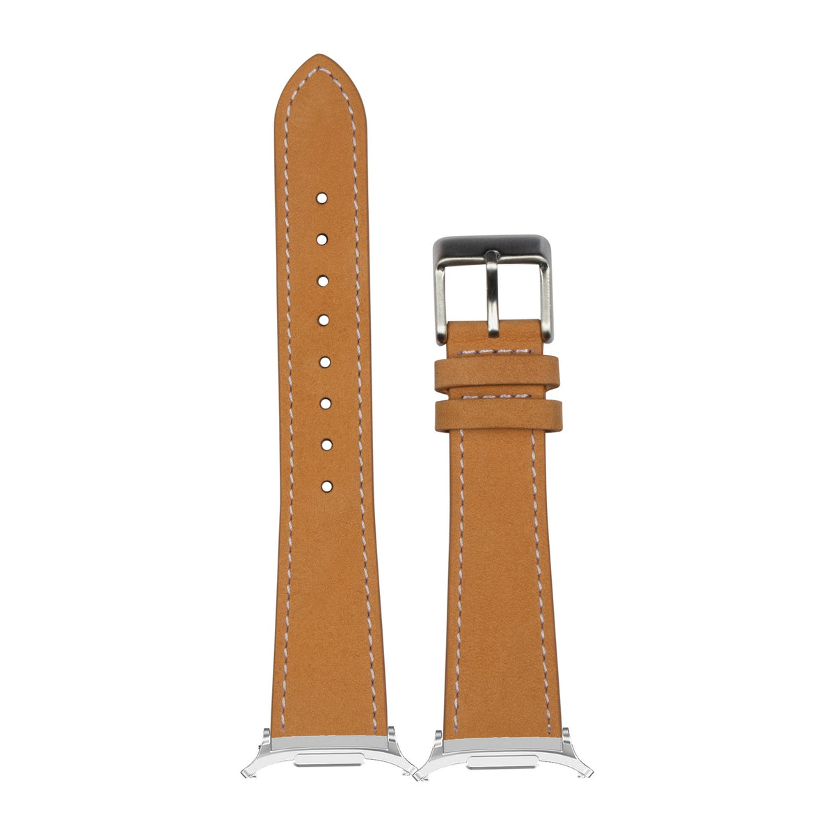 Nubuck Leather - Brown | White Stitching Silver with Strap Adapter for Galaxy Watch 8-9/Ultra