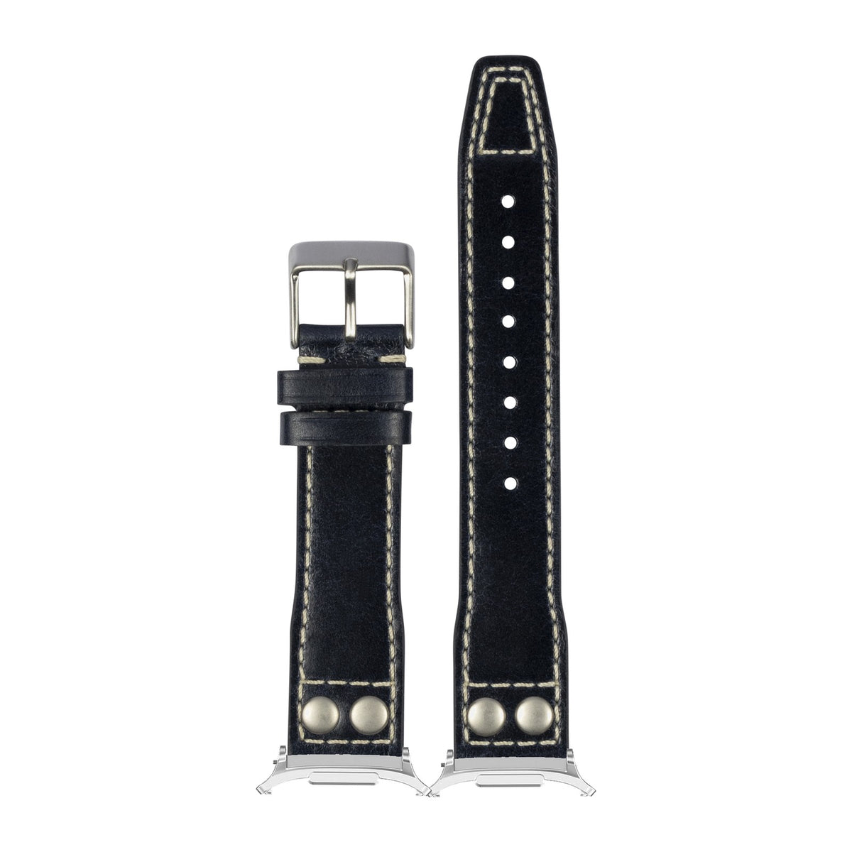 Pilot Leather Silver with Rivets - Black with Strap Adapter for Galaxy Watch 8-9/Ultra