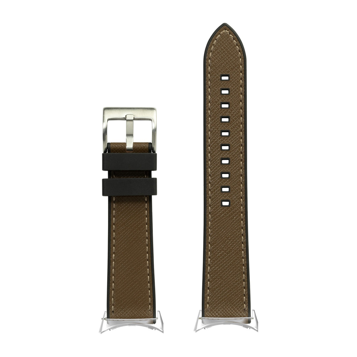 Saffiano Leather & FKM Rubber Hybrid Brown Silver with Google Pixel Spring Bar Adapters - Wear Any 20mm Strap! for Pixel Watch 1-5 41mm