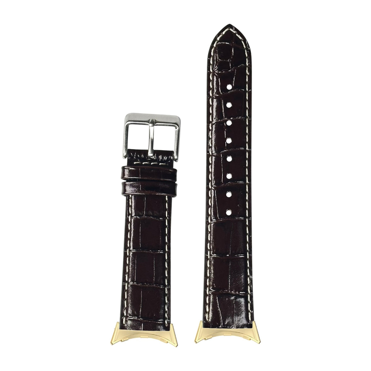 Alligator Leather - Dark Brown | Contrast Stitching Gold with Google Pixel Spring Bar Adapters - Wear Any 20mm Strap! for Pixel Watch 1-5 41mm