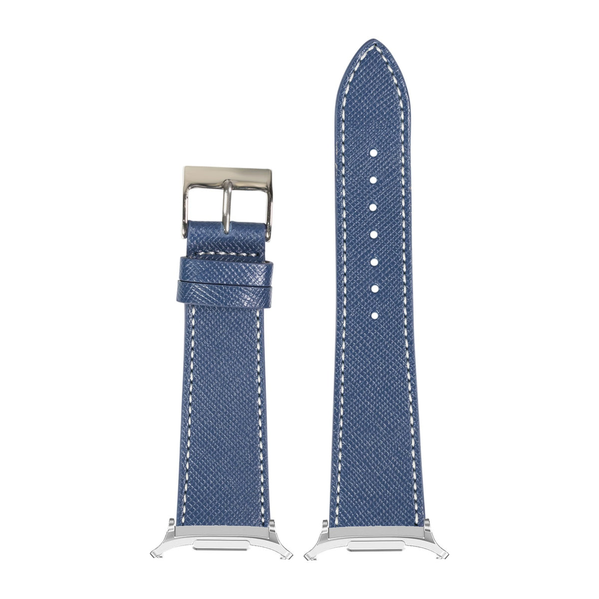 Saffiano Leather - Blue Silver with White Stitching with Strap Adapter for Galaxy Watch 8-9/Ultra