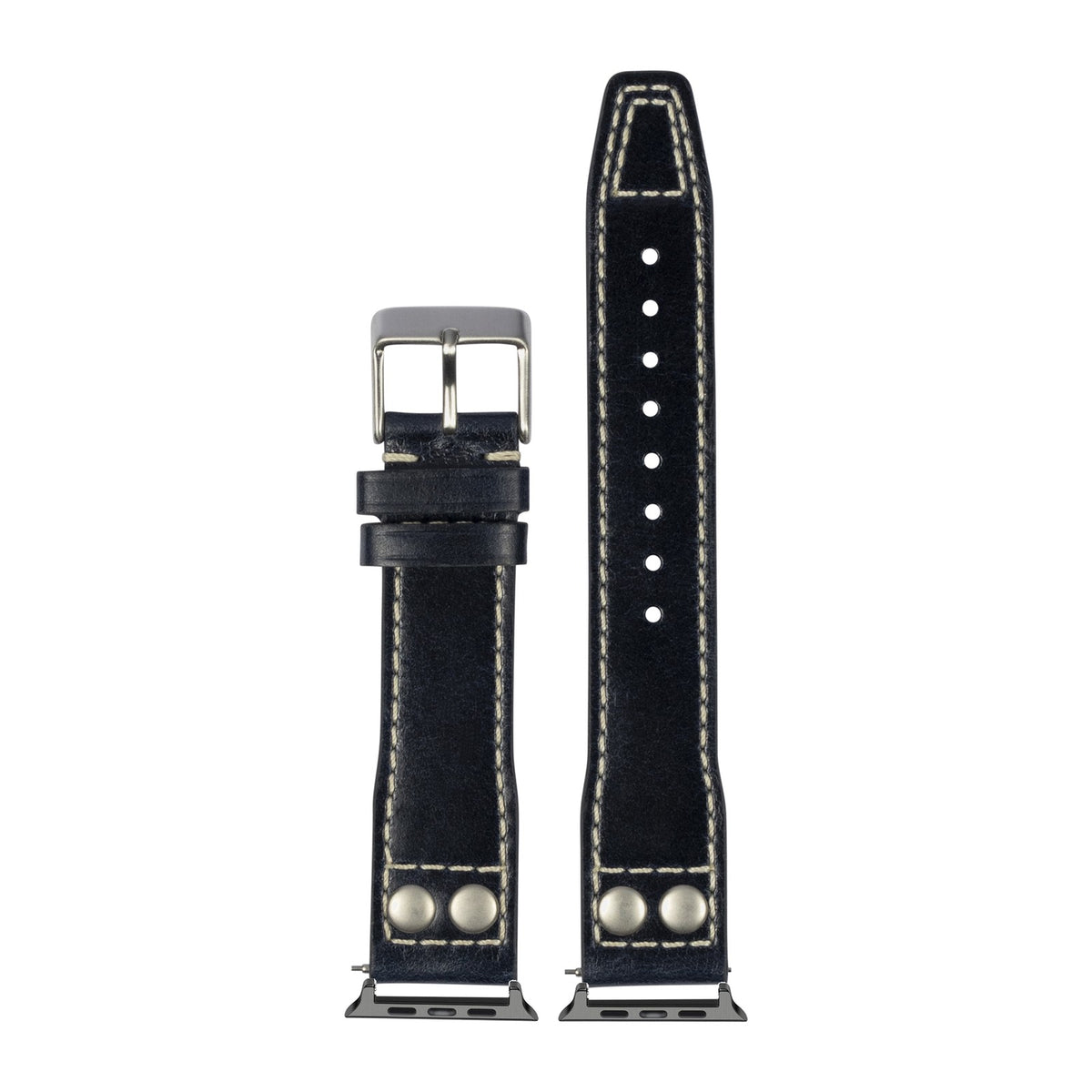 Pilot Leather Black with Rivets - Black with Connecters - Spring Bar Type for Apple Watch