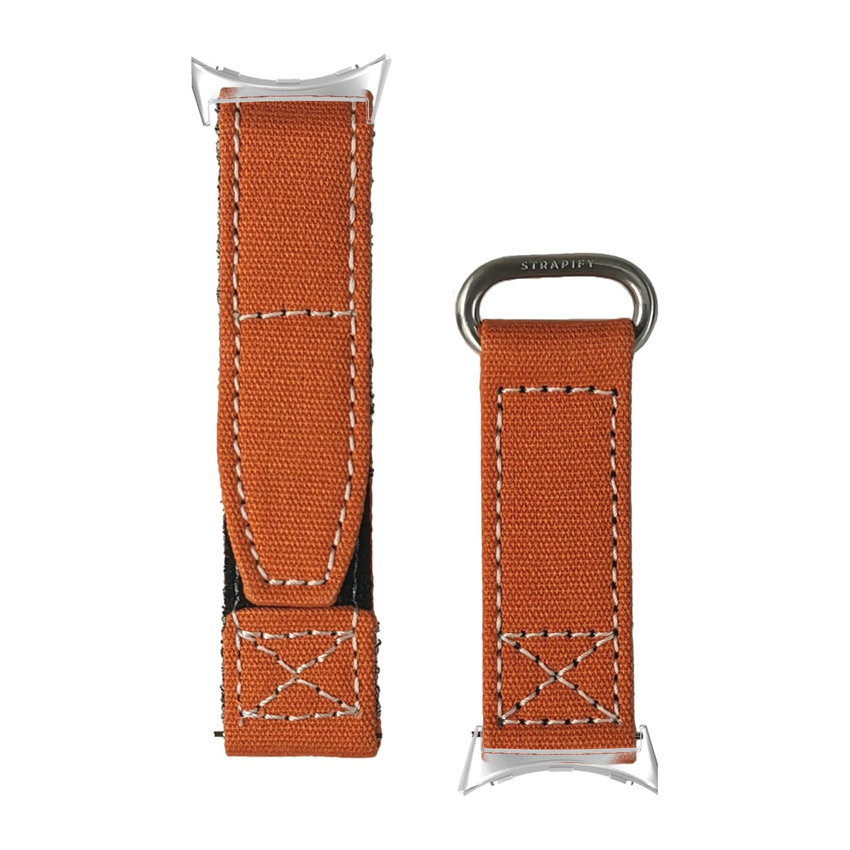 Military Velcro - Orange | White Stitching Silver with Google Pixel Spring Bar Adapters - Wear Any 20mm Strap! for Pixel Watch 3-5 45mm
