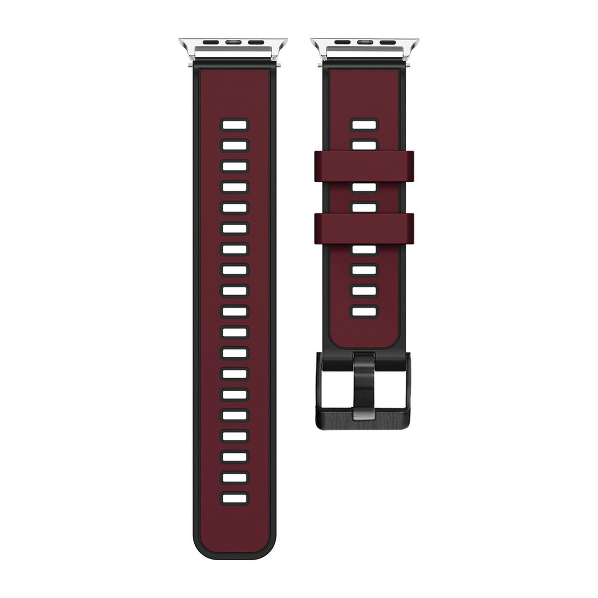 Two Tone Silicone Maroon / Black Silver with Black Hardware with Connecters - Spring Bar Type for Apple Watch