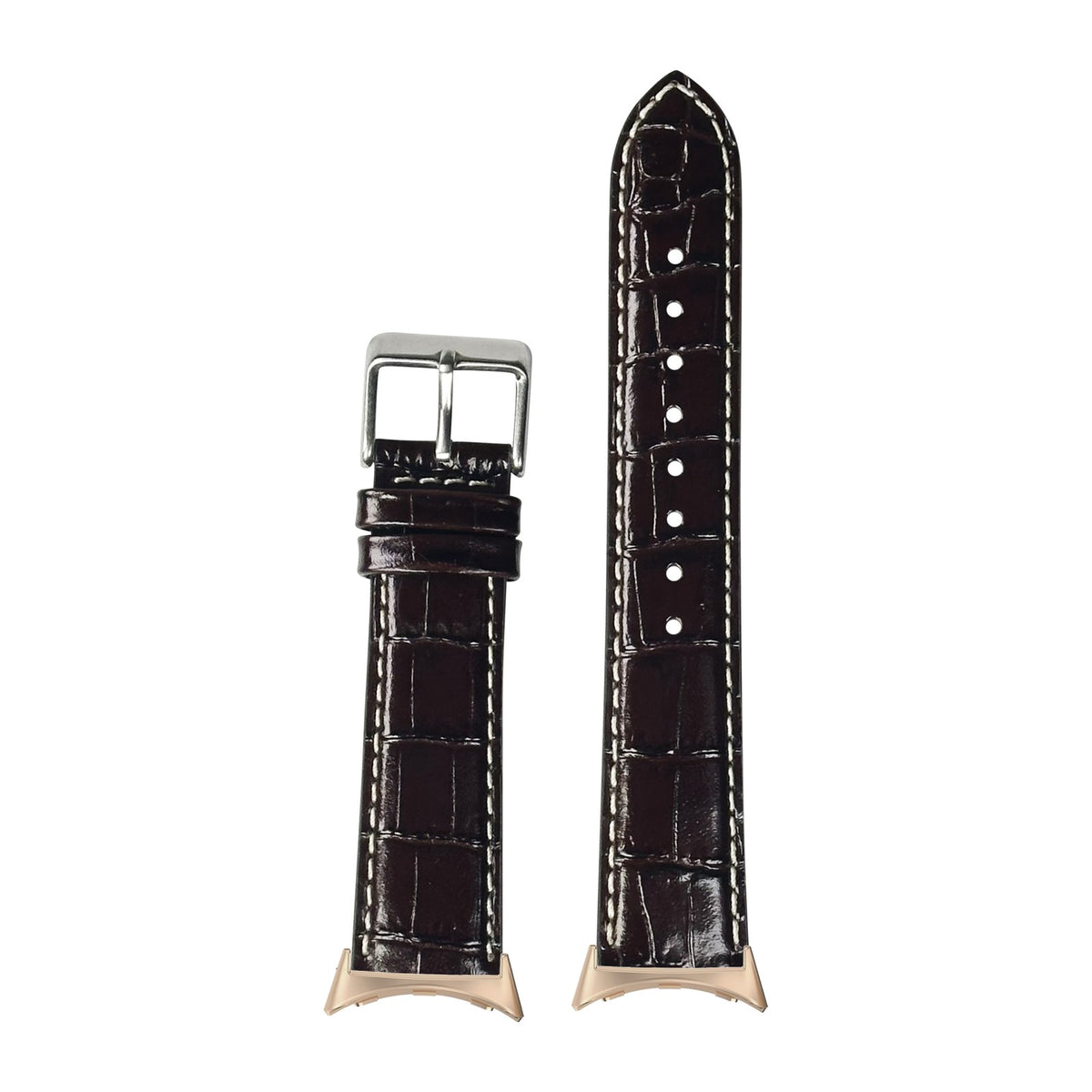 Alligator Leather - Dark Brown | Contrast Stitching Rose Gold with Google Pixel Spring Bar Adapters - Wear Any 20mm Strap! for Pixel Watch 1-5 41mm