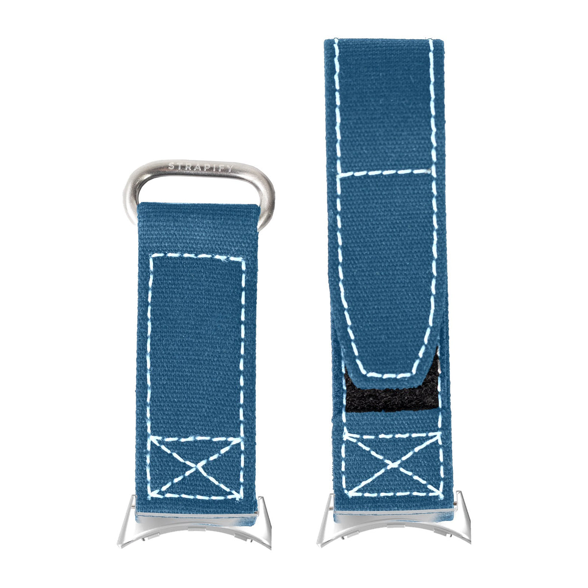 Military Velcro - Petrol Blue | White Stitching Silver with Google Pixel Spring Bar Adapters - Wear Any 20mm Strap! for Pixel Watch 1-5 41mm