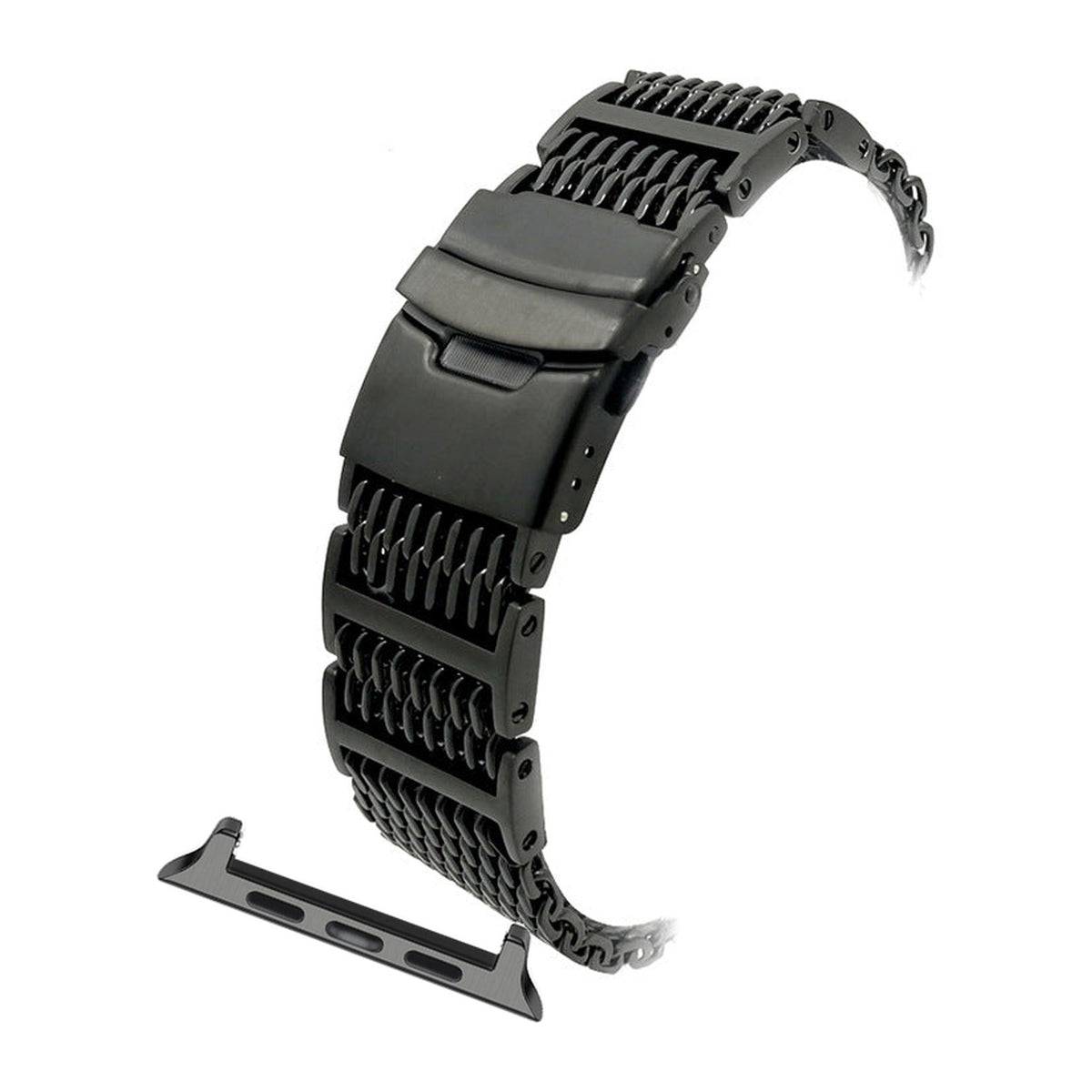 Shark Mesh Bracelet - Folding Deployant Clasp - Black Black with Connecters - Spring Bar Type for Apple Watch