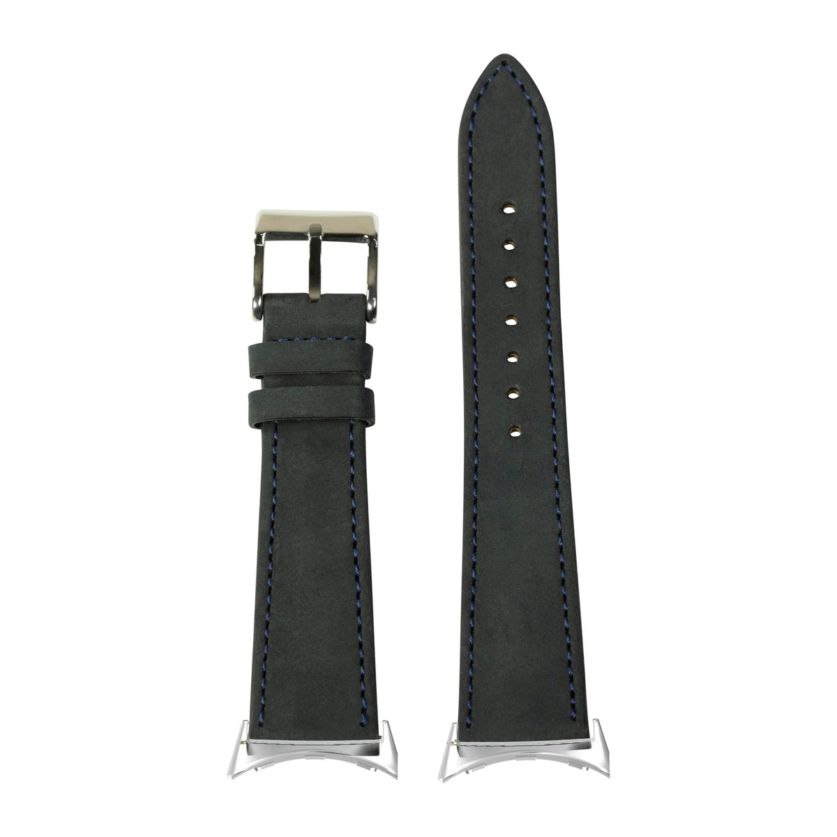 Nubuck Leather - Black | Navy Blue Stitching Silver with Google Pixel Spring Bar Adapters - Wear Any 20mm Strap! for Pixel Watch 3-5 45mm