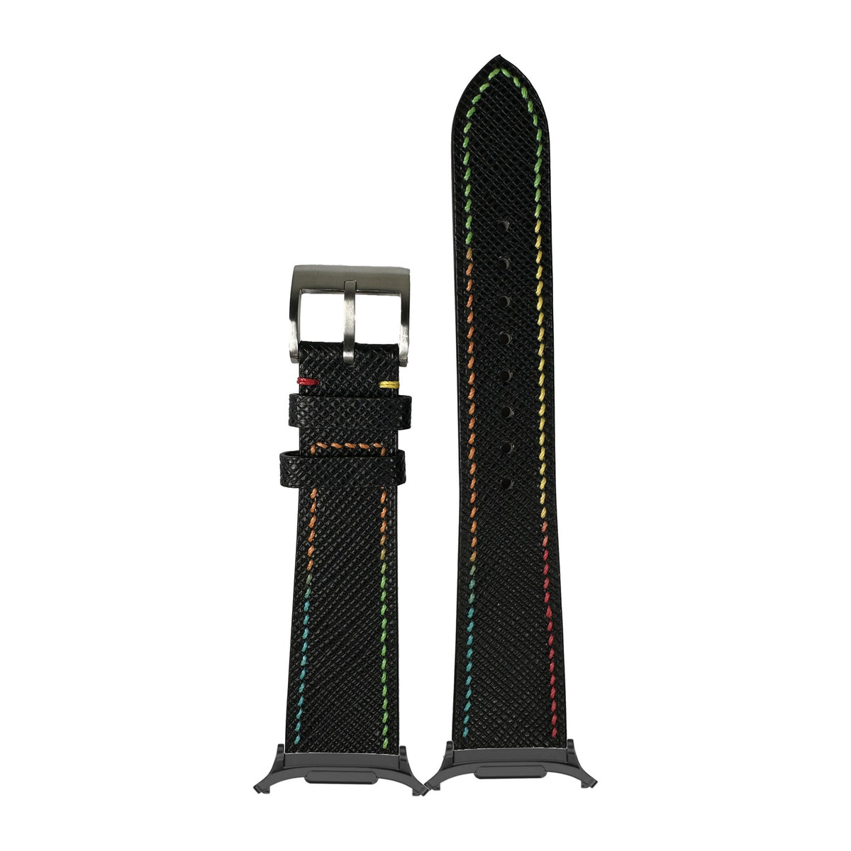Chevre Saffiano - Black | Rainbow Stitching for the Galaxy Watch 8, 9 and Ultra with adapter fitted