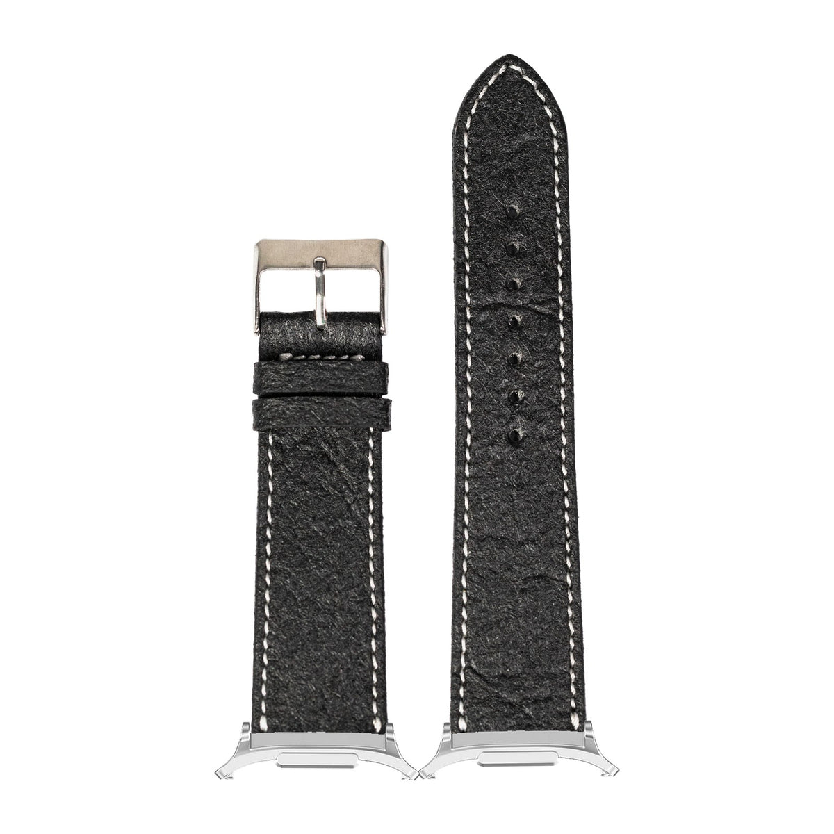Pineapple Vegan Leather - Black | White Stitching Silver with Strap Adapter for Galaxy Watch 8-9/Ultra