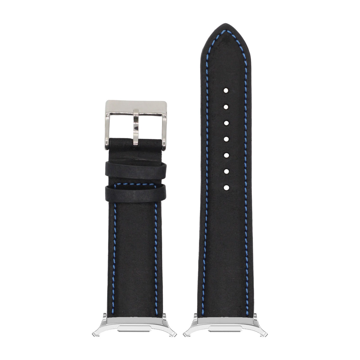 Padded Leather - Black | Blue Stitching Silver with Strap Adapter for Galaxy Watch 8-9/Ultra