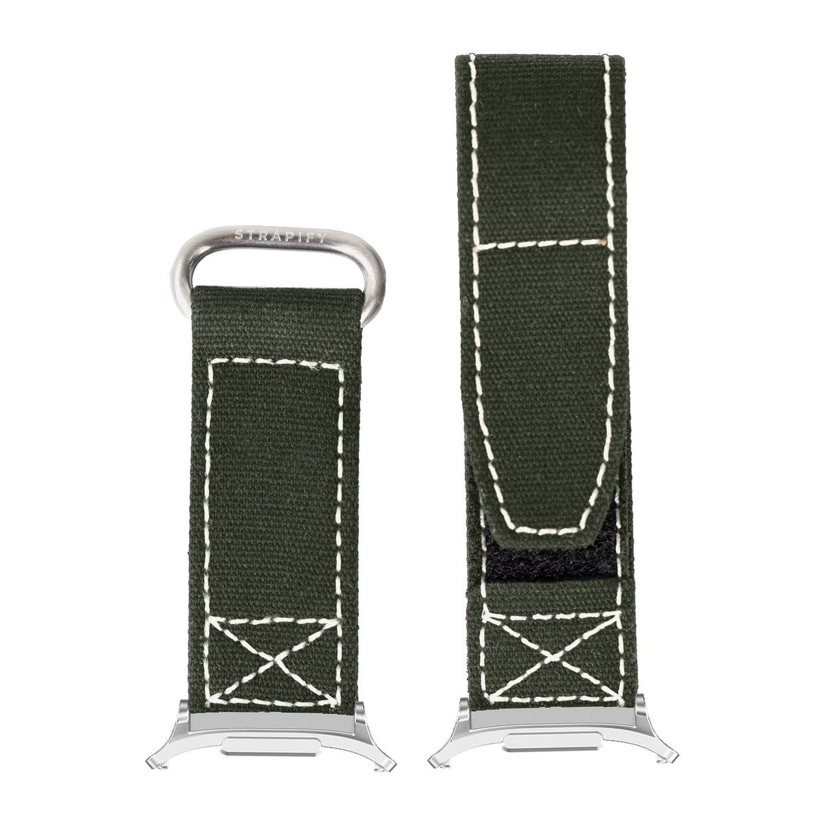 Military Velcro - Army Green | White Stitching Silver with Strap Adapter for Galaxy Watch 8-9/Ultra