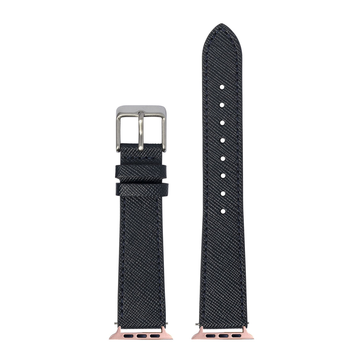 Saffiano Leather - Navy Blue Rose Gold with Connecters - Spring Bar Type for Apple Watch