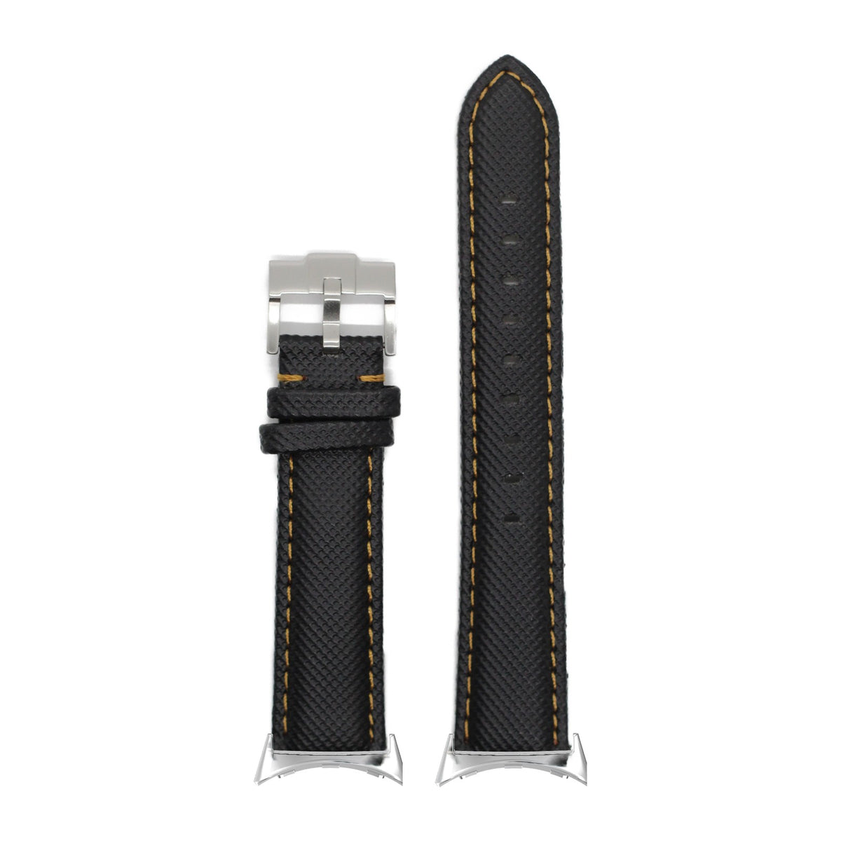 Sailcloth - Black | Gold Stitching Silver with Google Pixel Spring Bar Adapters - Wear Any 20mm Strap! for Pixel Watch 1-5 41mm