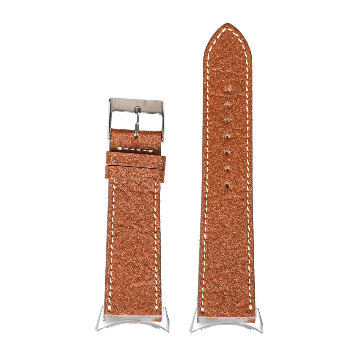 Pineapple Vegan Leather - Brown | White Stitching Silver with Google Pixel Spring Bar Adapters - Wear Any 20mm Strap! for Pixel Watch 1-5 41mm