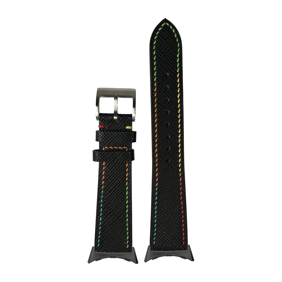 Chevre Saffiano - Black | Rainbow Stitching Black with Google Pixel Spring Bar Adapters - Wear Any 20mm Strap! for Pixel Watch 3-5 45mm