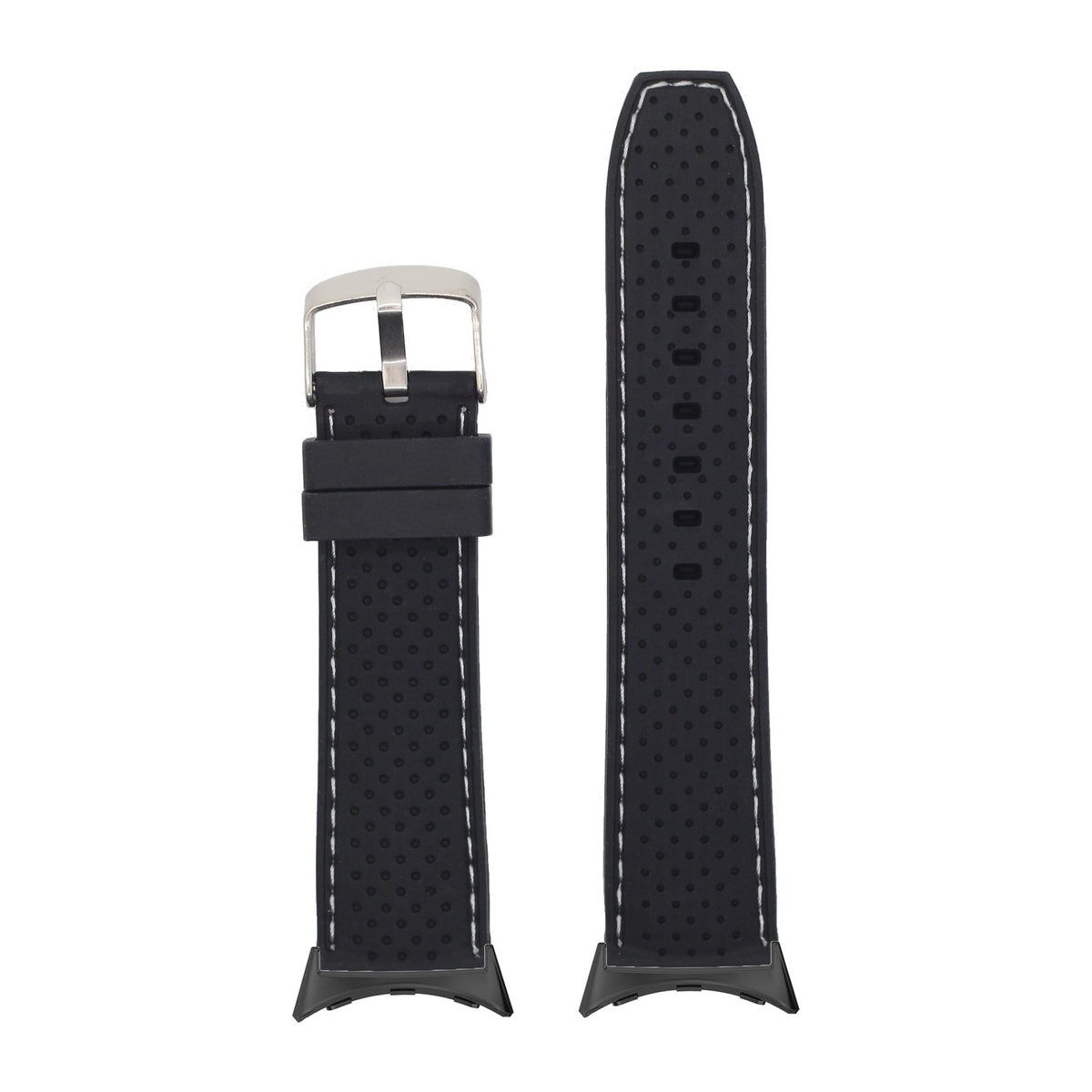 Perforated Flexi Silicone Black | White Stitching Black with Google Pixel Spring Bar Adapters - Wear Any 20mm Strap! for Pixel Watch 1-5 41mm
