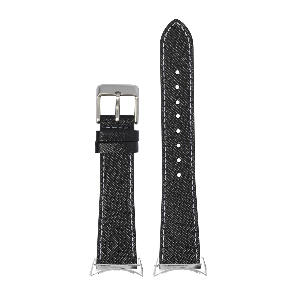 Saffiano Leather - Black Silver with White Stitching with Google Pixel Spring Bar Adapters - Wear Any 20mm Strap! for Pixel Watch 3-5 45mm
