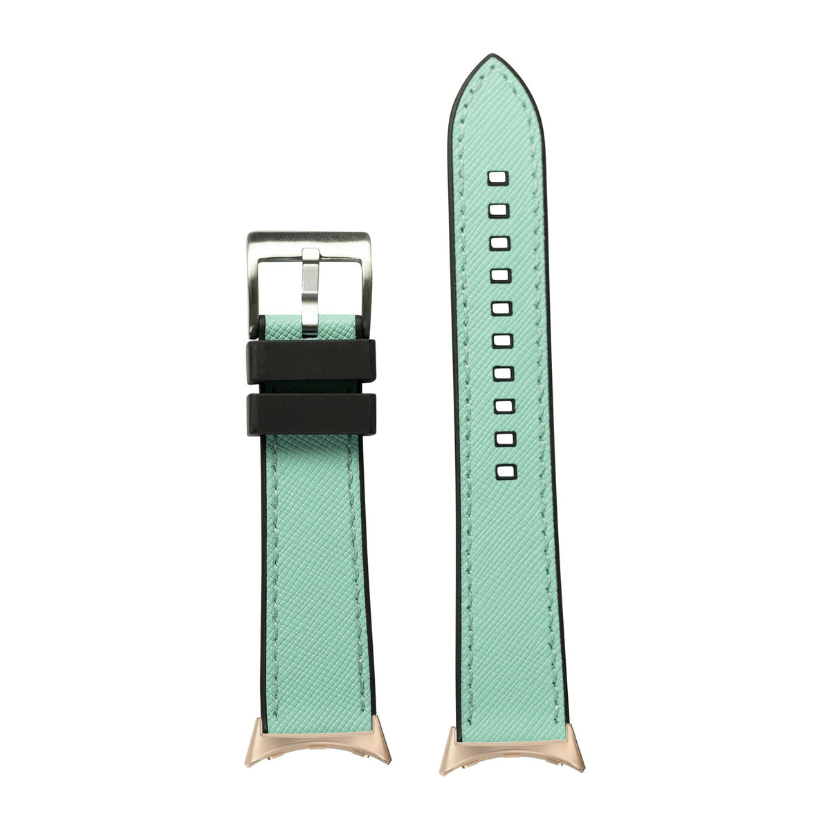 Saffiano Leather & FKM Rubber Hybrid Tiffany Blue Rose Gold with Google Pixel Spring Bar Adapters - Wear Any 20mm Strap! for Pixel Watch 1-5 41mm