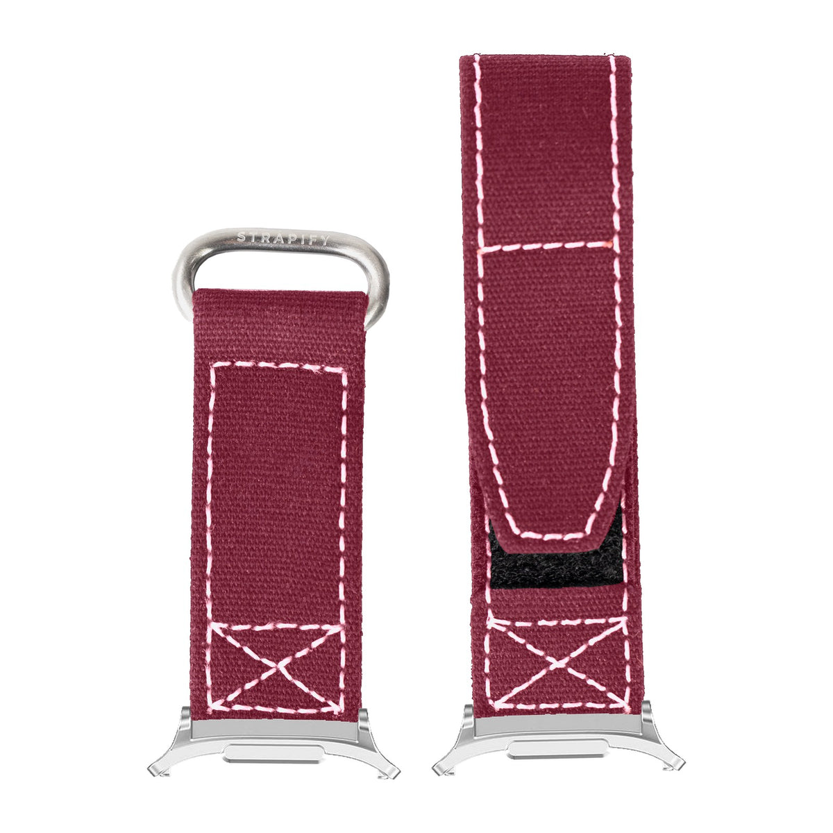 Military Velcro - Wine Red | White Stitching Silver with Strap Adapter for Galaxy Watch 8-9/Ultra
